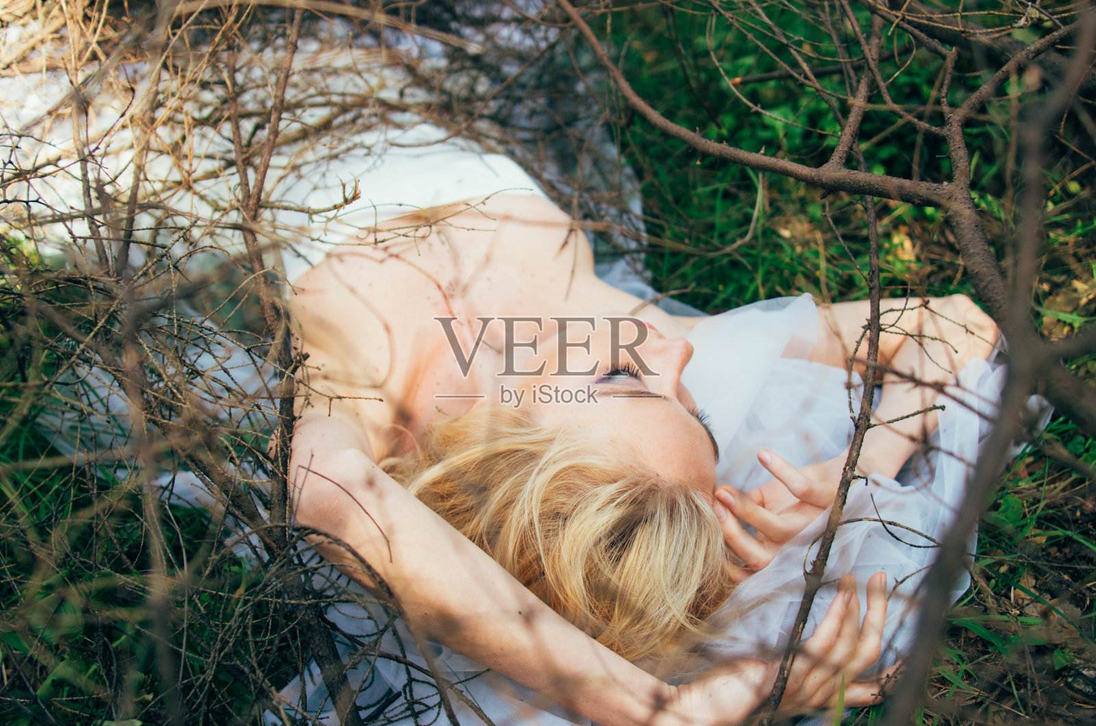 年轻的金发新娘的肖像戴着面纱躺在地上的树枝和手照片摄影图片