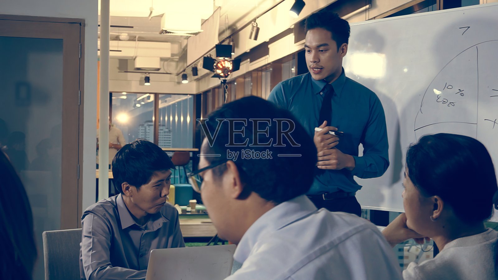 亚洲商务人士讨论市场策略。照片摄影图片