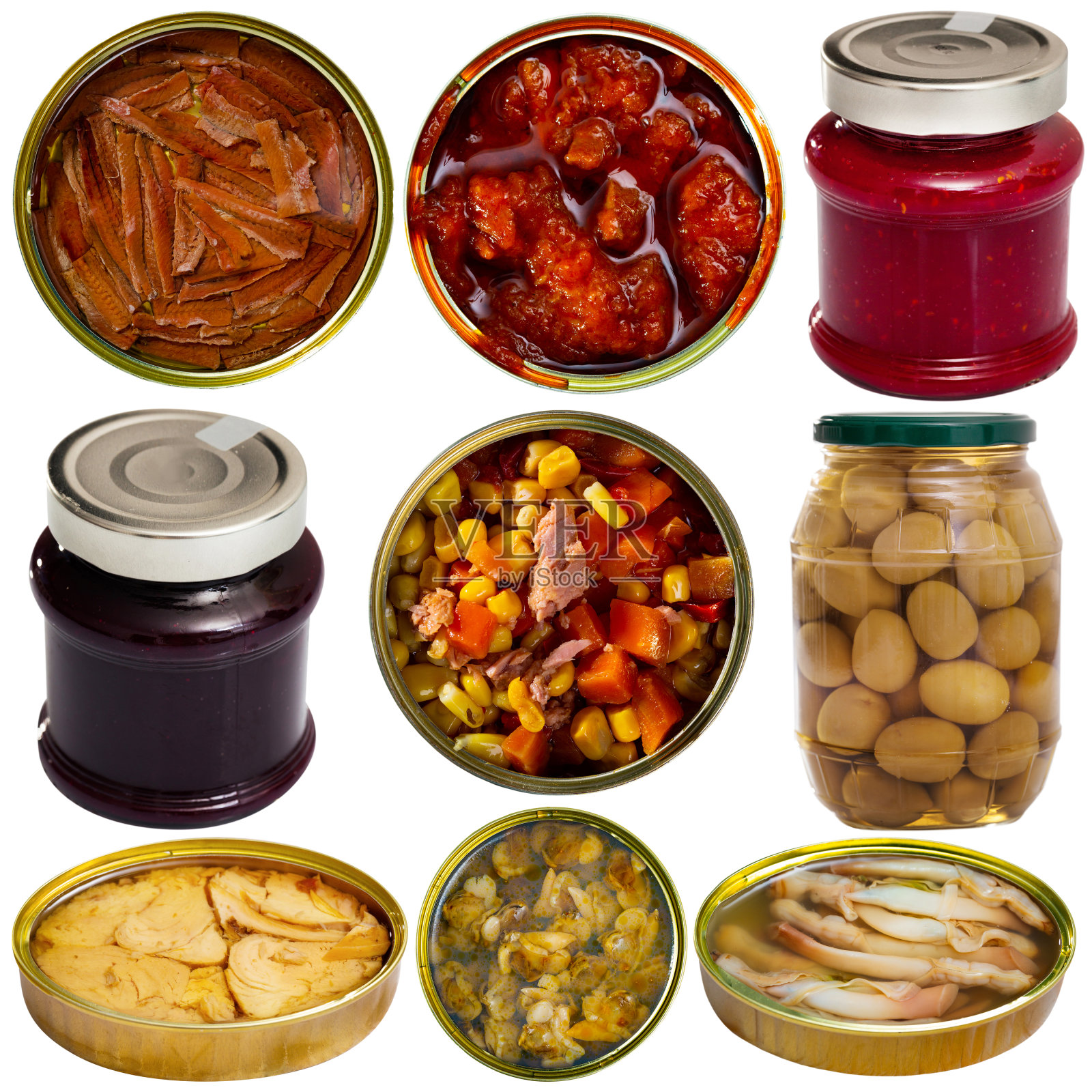 一套罐头食品在白色的背景照片摄影图片