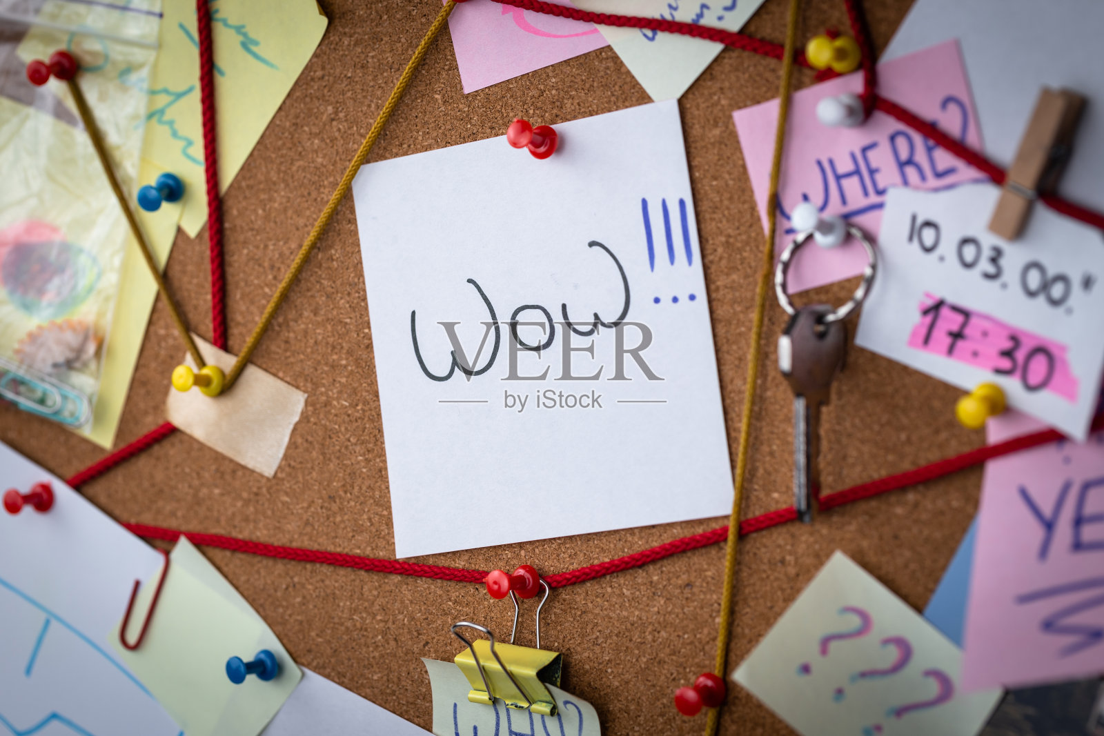 有证据的侦探板的特写镜头。中间是一张白色的纸，上面有一个红色的大头针，上面写着“哇”照片摄影图片