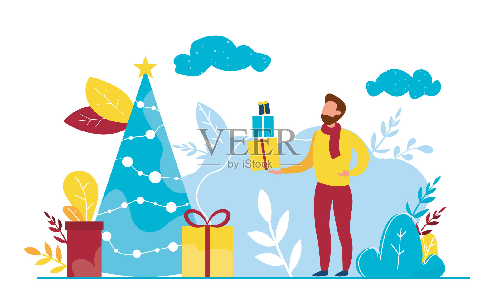 现代矢量插图准备新年。装饰圣诞树，买礼物。冬季家庭假日。插画图片素材