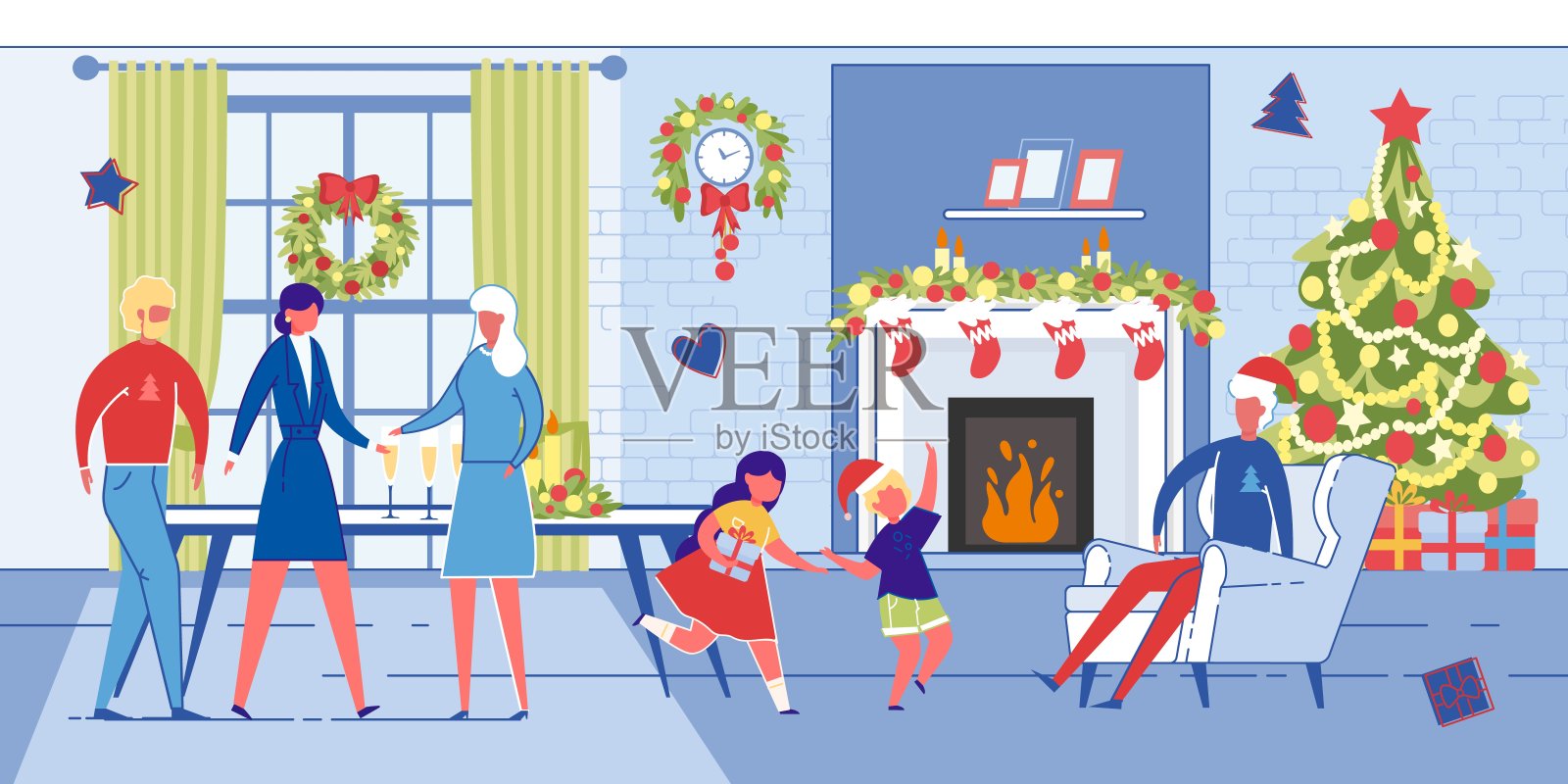 几代人一起庆祝圣诞节。插画图片素材