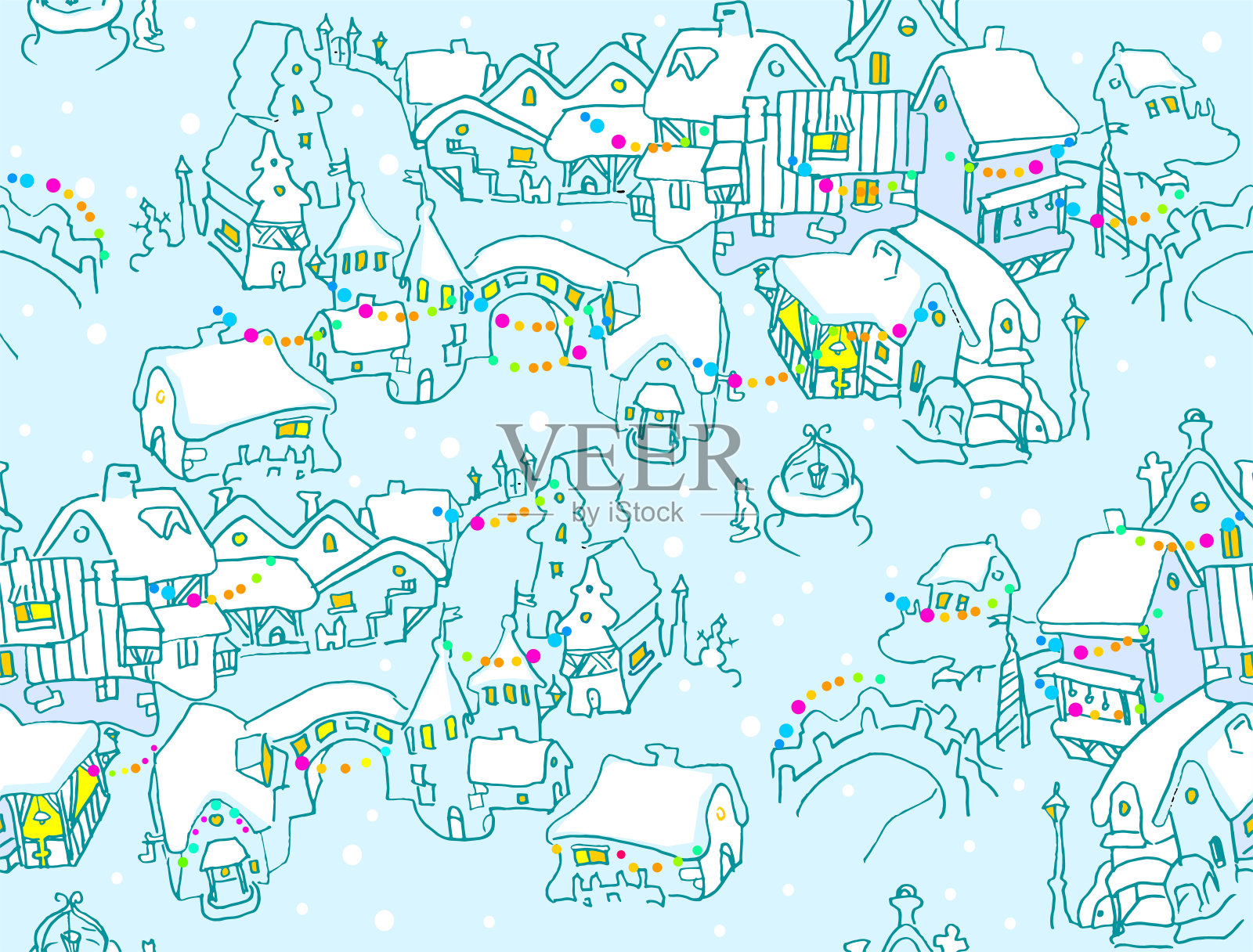 圣诞节前夕挂满雪花和彩灯的房屋插画图片素材