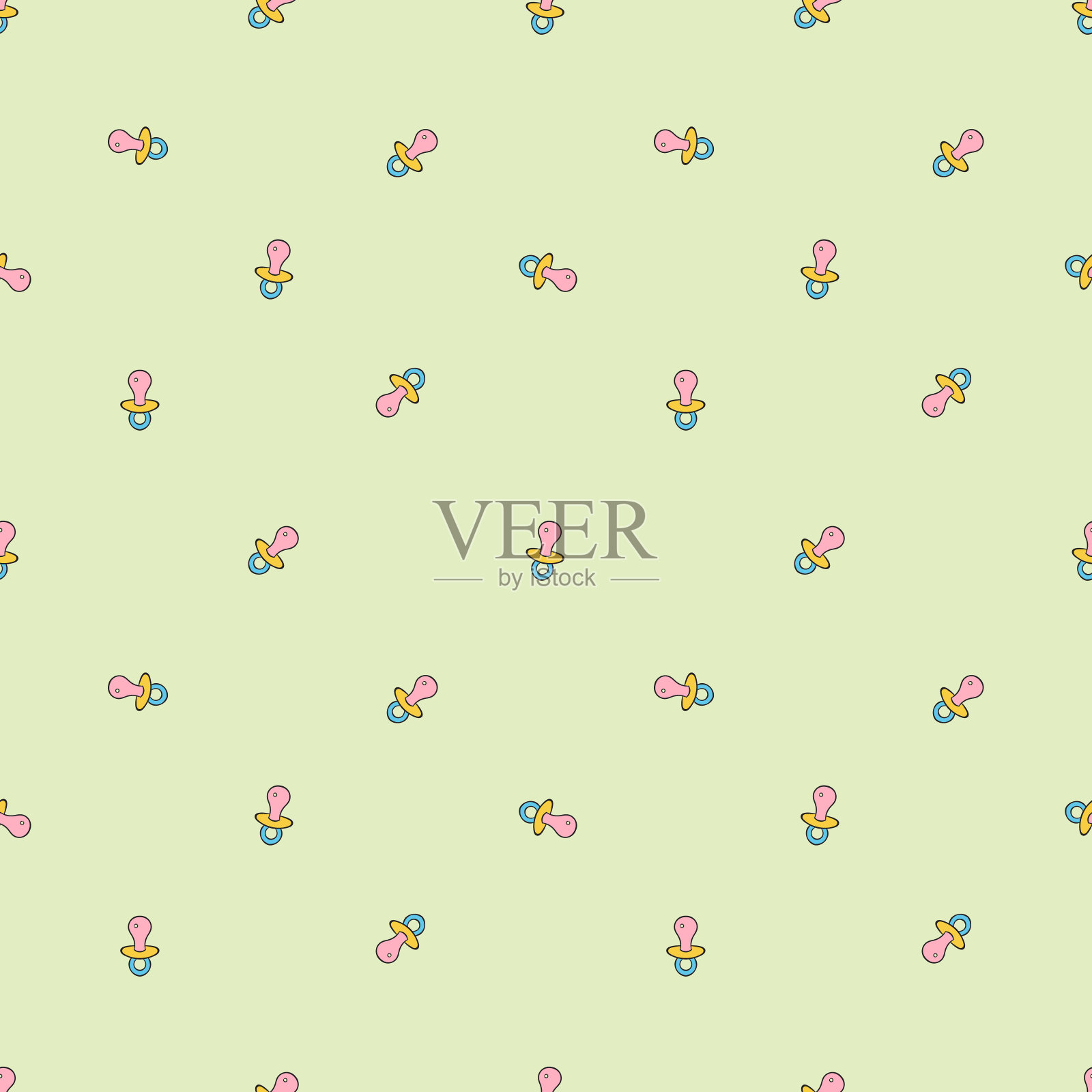 无缝背景与婴儿奶嘴。简单的极简主义插图在中性柔和的绿色背景。插画图片素材