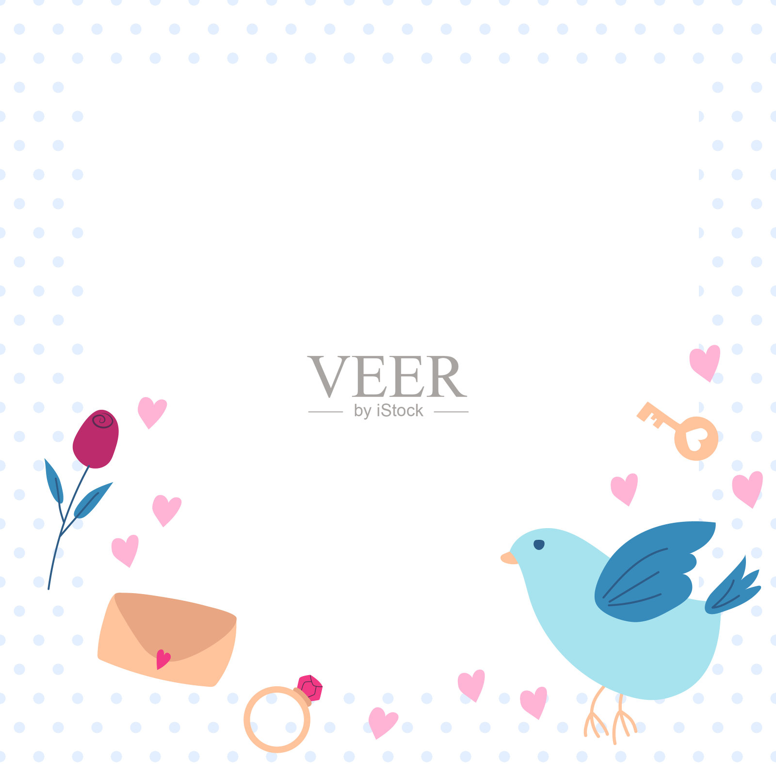 画一张方形明信片，上面有一个蓝色的鸟框，一个信封，上面有一颗心，戒指，钥匙，玫瑰和一颗心插画图片素材