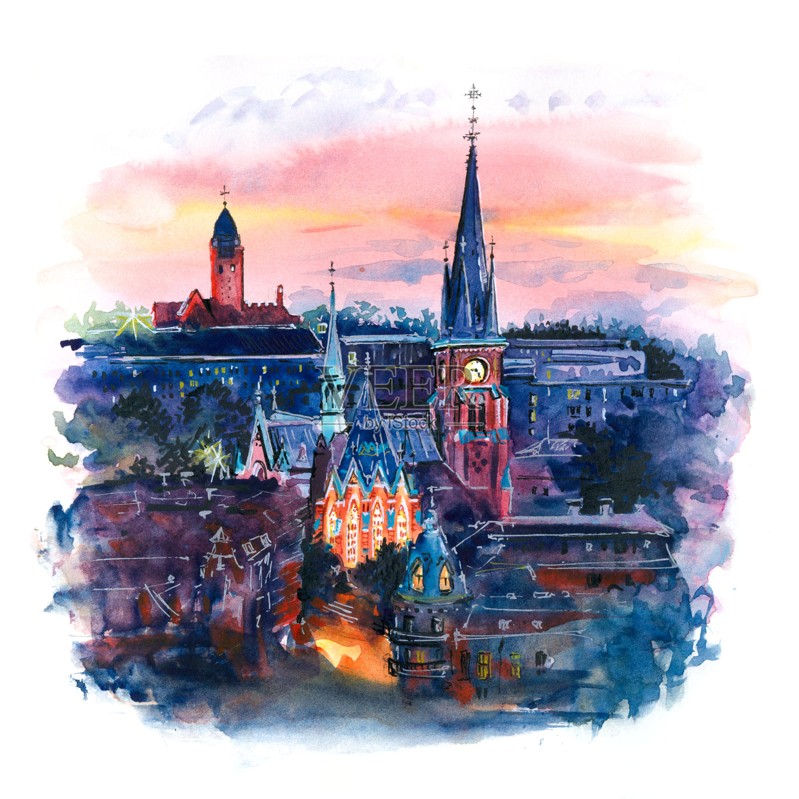 瑞典哥德堡的水彩画插画图片素材