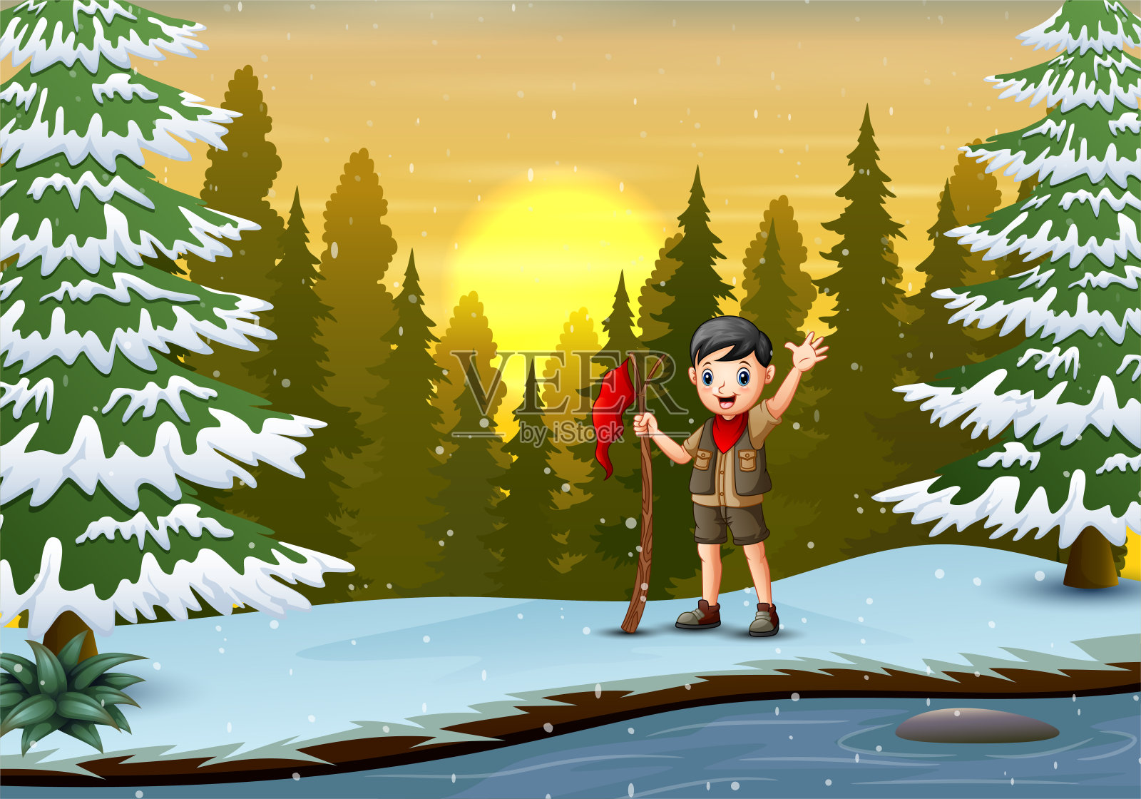 在冬日的景色中，一个童子军举着红旗插画图片素材