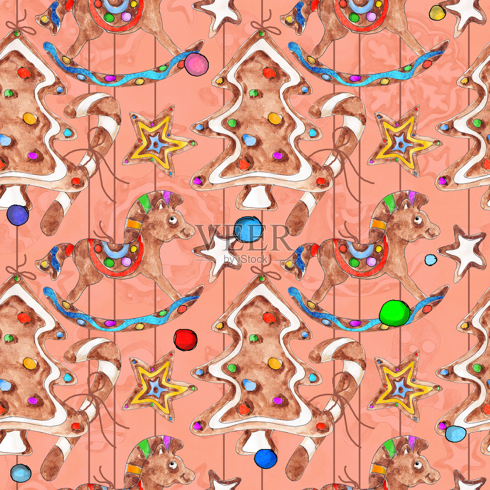 圣诞姜饼饼干糖果糖果棒棒糖水彩手绘艺术复古无缝图案插画图片素材