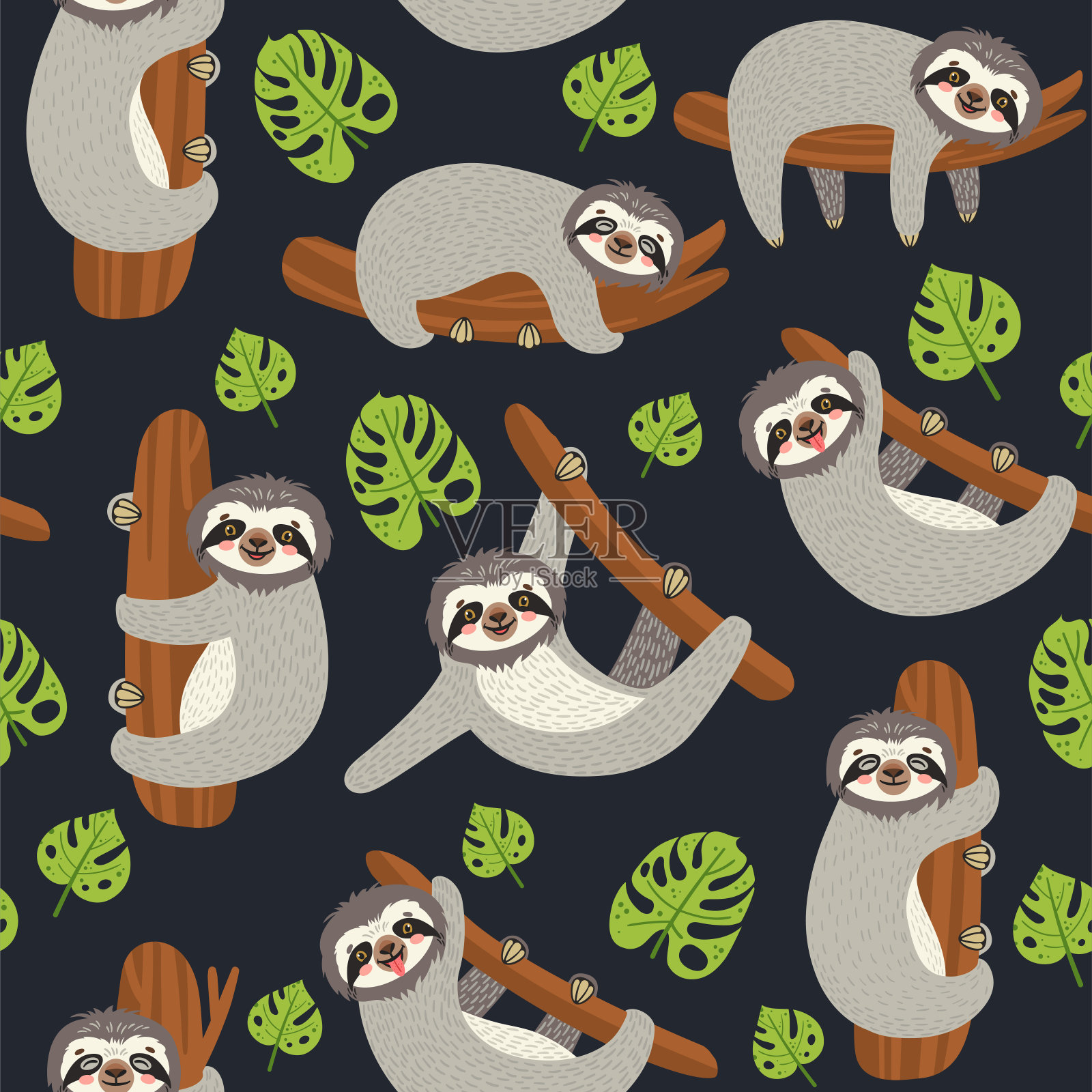 无缝背景与树懒的分支。矢量插图的叶子和可爱的熊在黑色。花卉和动物图案。插画图片素材