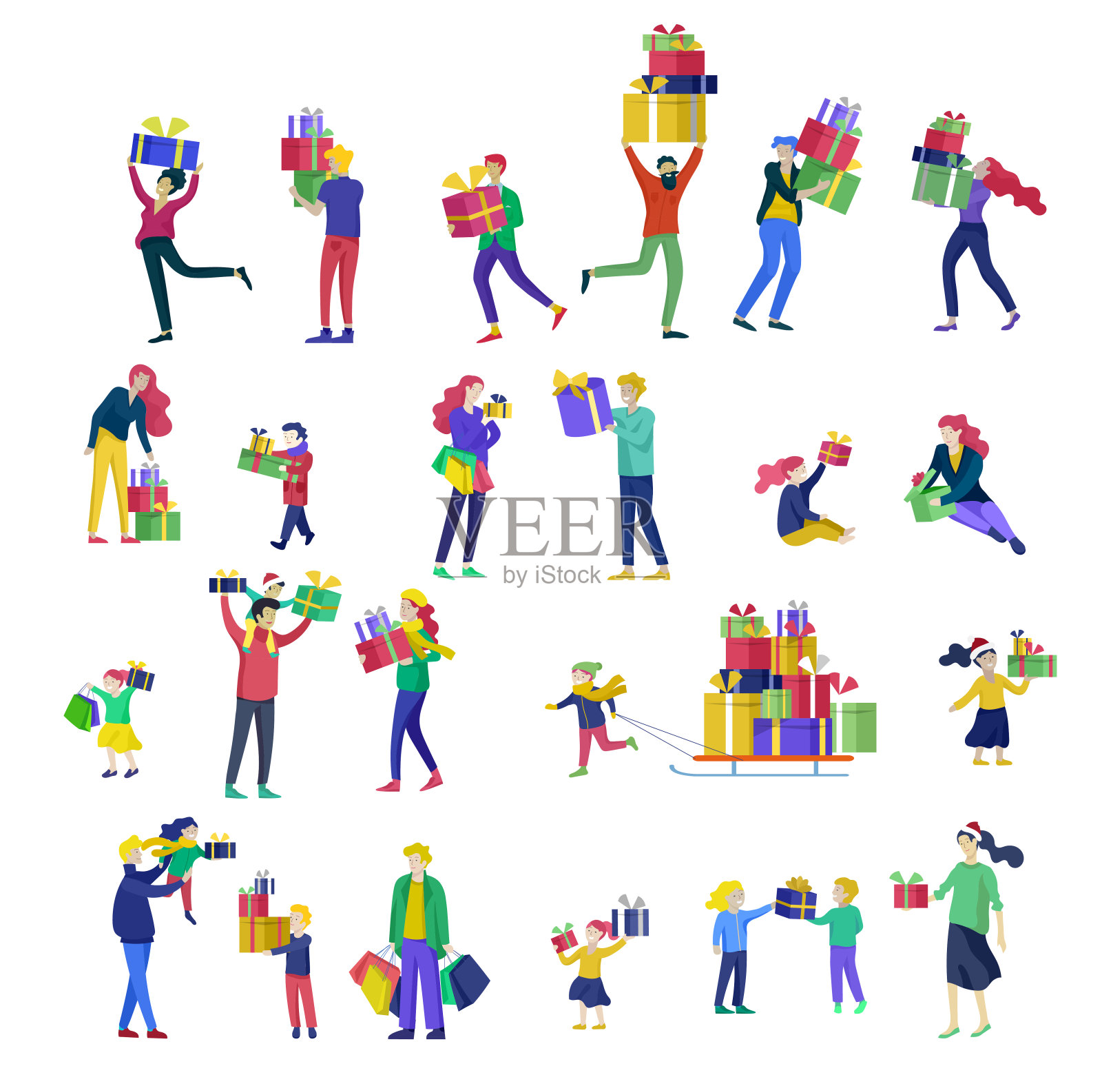 圣诞节快乐庆祝合影。一群戴着圣诞帽的卡通人物和孩子们跳跃并扔礼物。圣诞快乐，新年快乐家庭设计元素图片