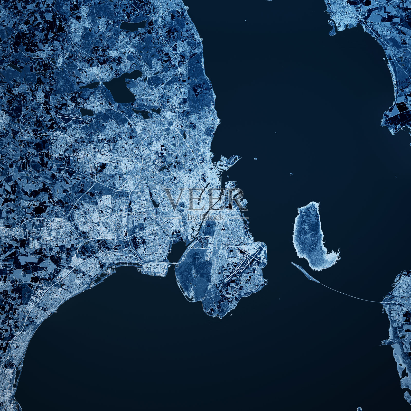 丹麦哥本哈根3D渲染地图蓝色顶视图2019年4月照片摄影图片