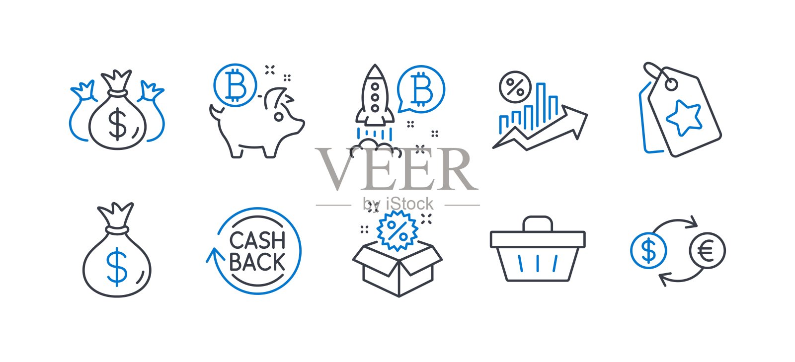 一套金融图标，如购物篮，比特币项目，检查投资。向量图标素材