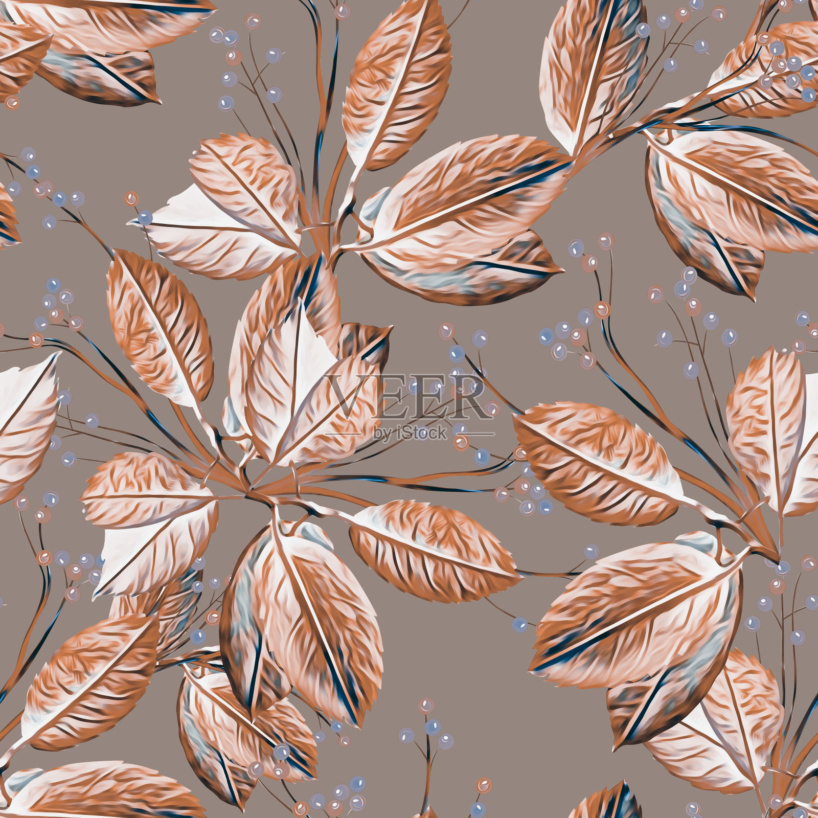 秋叶与浆果“两两”，图案无缝。插画图片素材