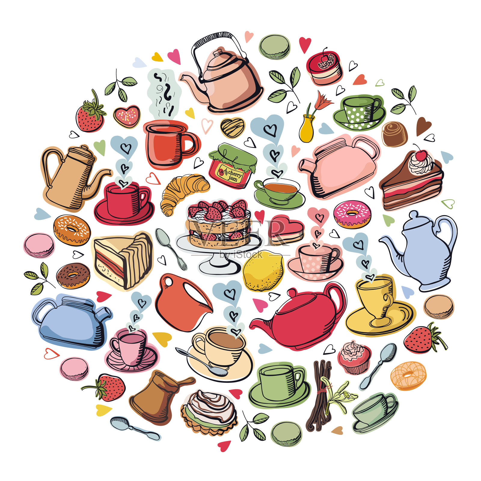 矢量插图茶会与甜点，蛋糕和甜甜圈，咖啡和水果插画图片素材