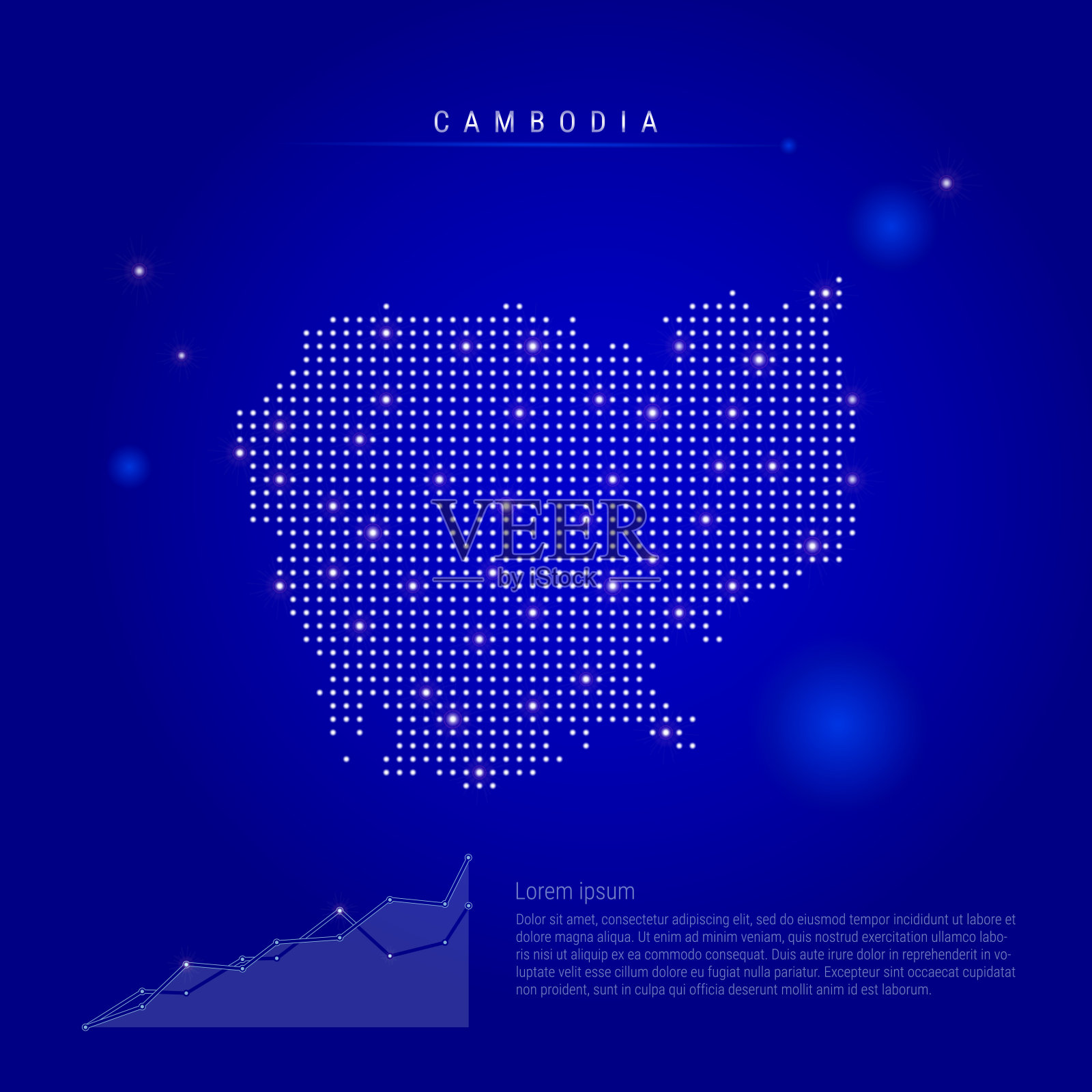 柬埔寨地图与发光的点。深蓝色的空间背景。矢量图插画图片素材