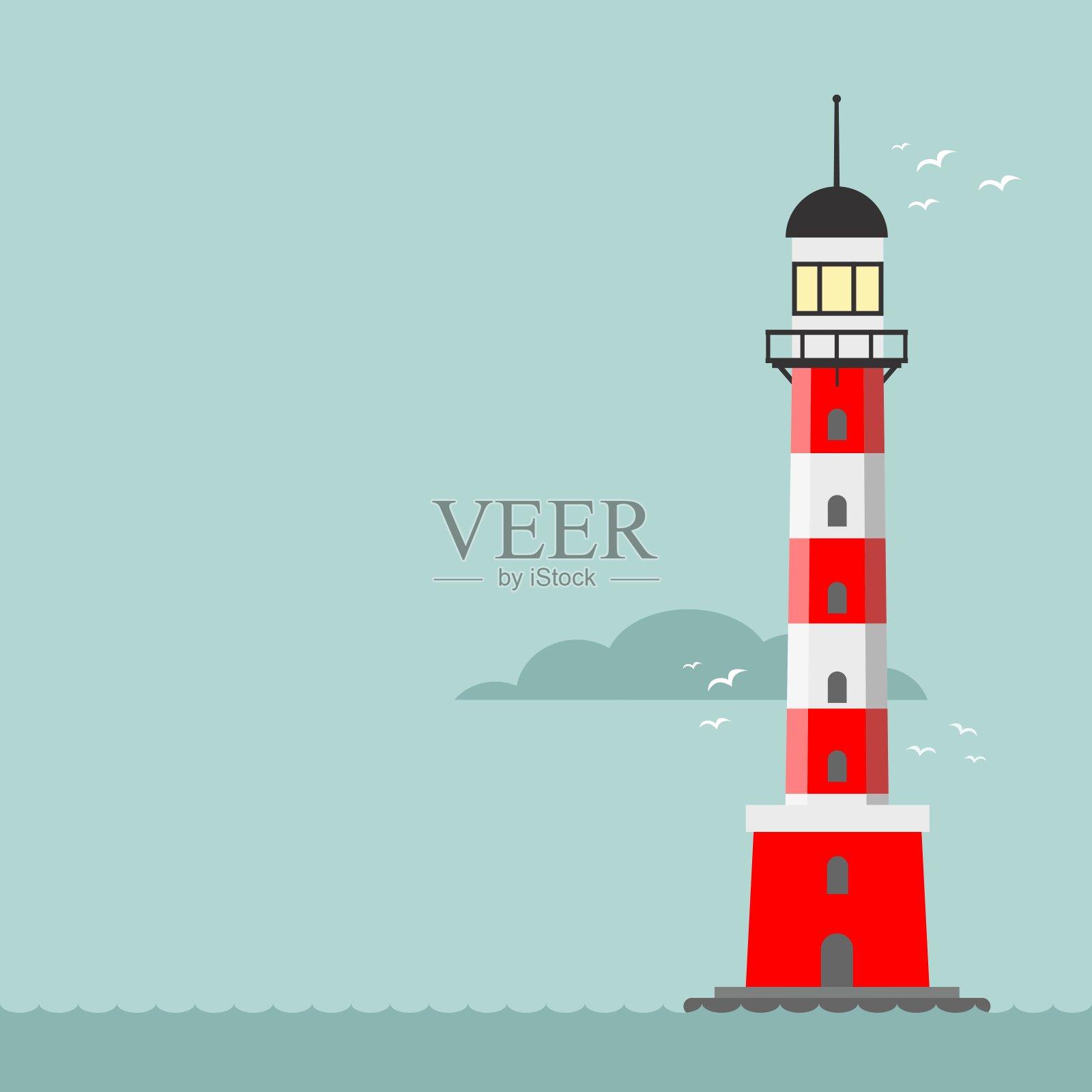 矢量卡通扁平灯塔。用于海上导航的探照灯塔设计元素图片