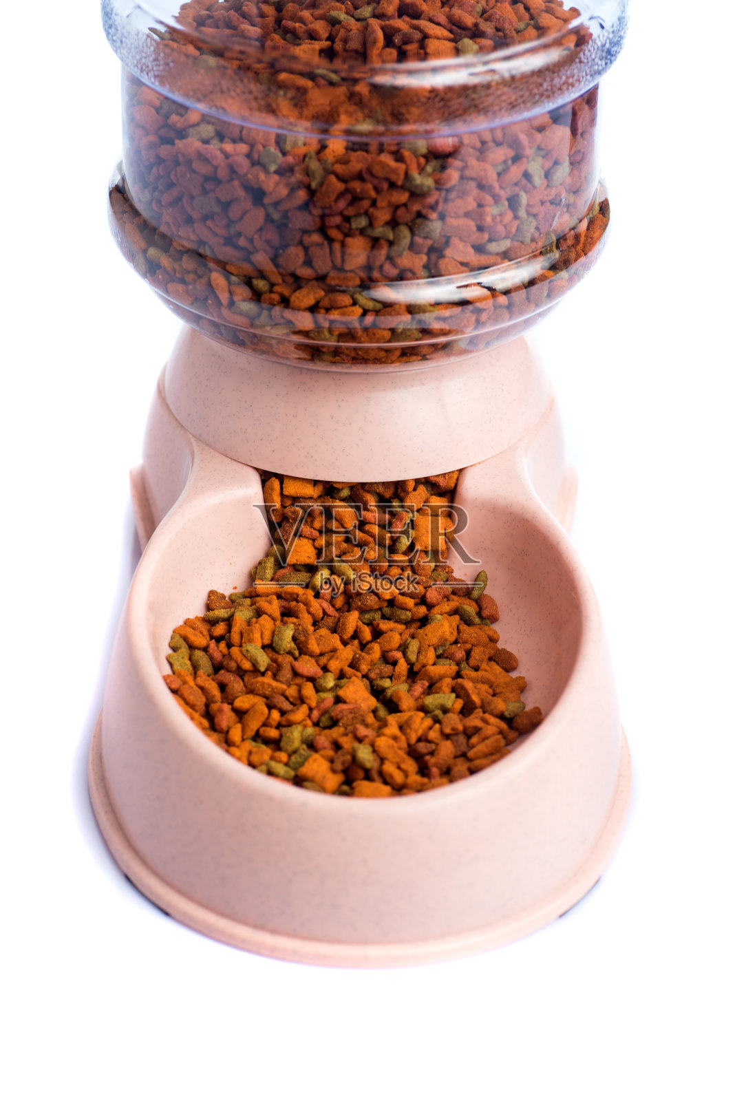 白色背景上的宠物干粮储存馈线分配器或宠物食品分配器照片摄影图片