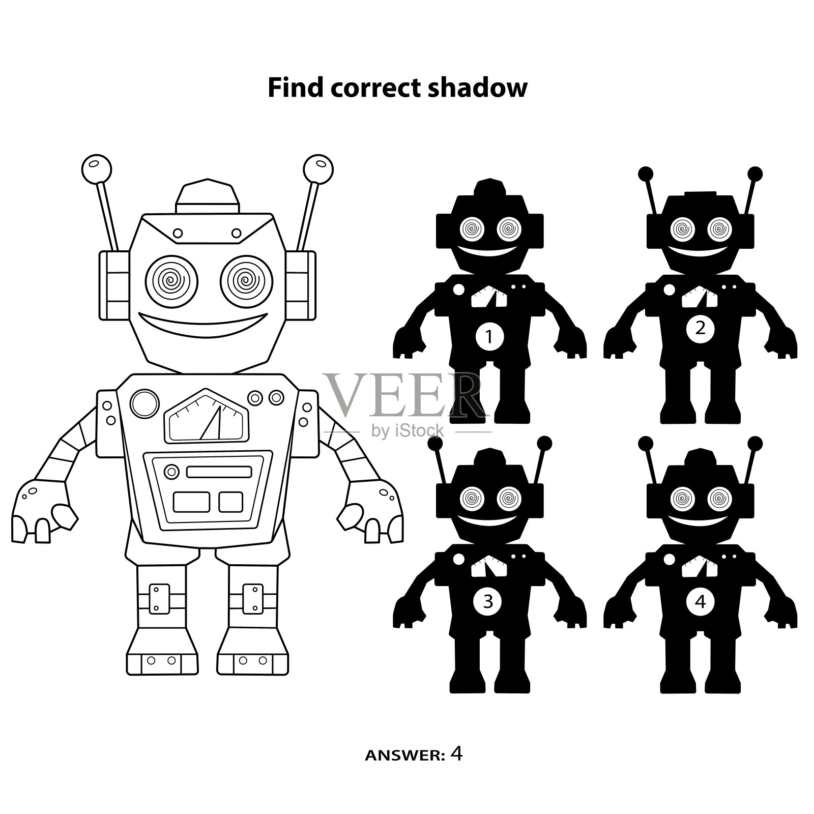 益智游戏的孩子。找到正确的影子。卡通机器人着色页面轮廓。儿童涂色书。插画图片素材