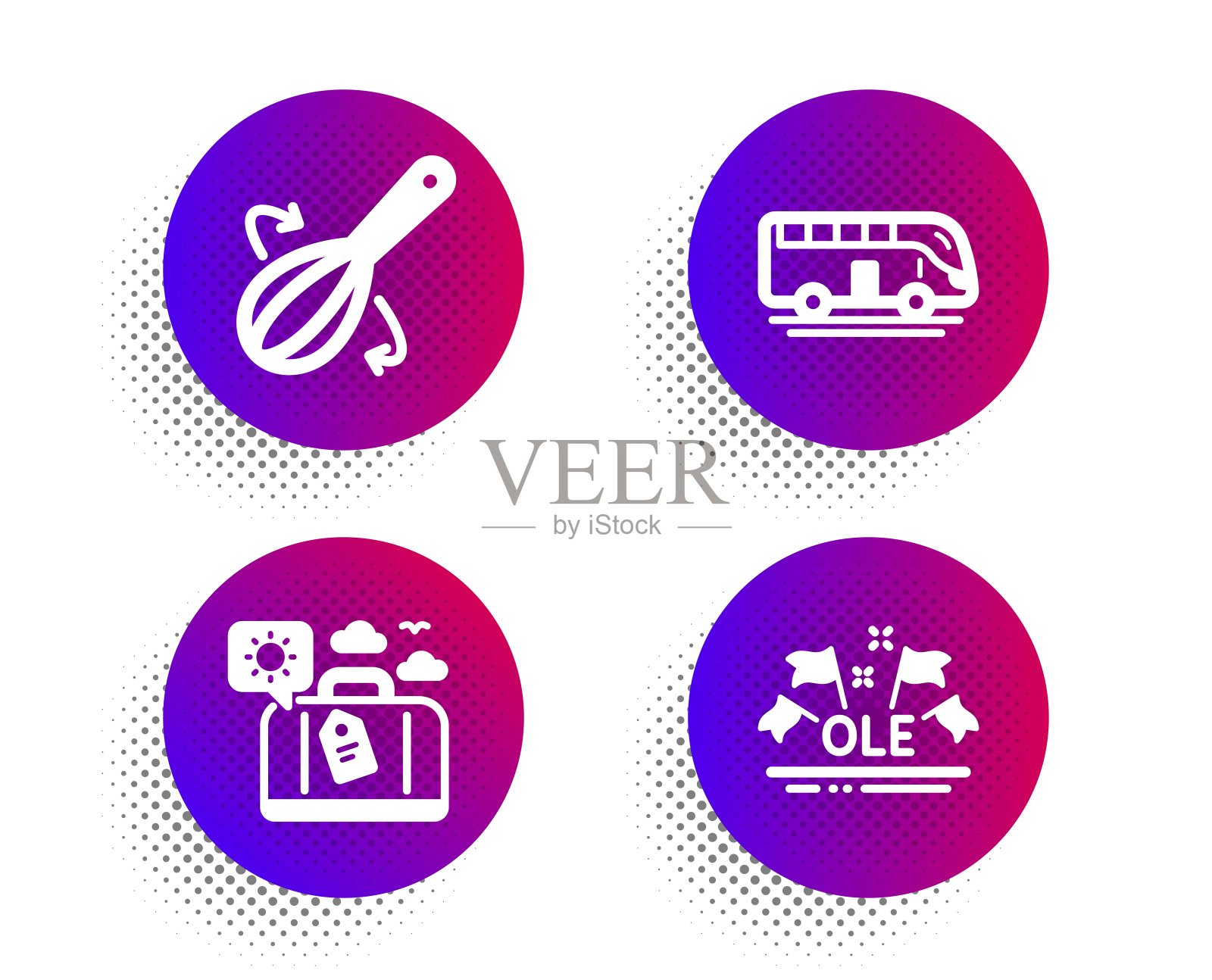 烹饪搅拌器，旅行行李和巴士旅游图标集。Ole圣歌的迹象。餐具，旅行包，交通工具。向量图标素材