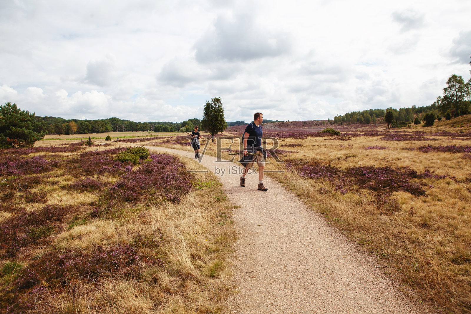 父亲和他十几岁的儿子穿着短裤和t恤走在Luneburger Heath自然保护区的草原上，在石南植物中徒步旅行——在一起，活跃和健康。照片摄影图片