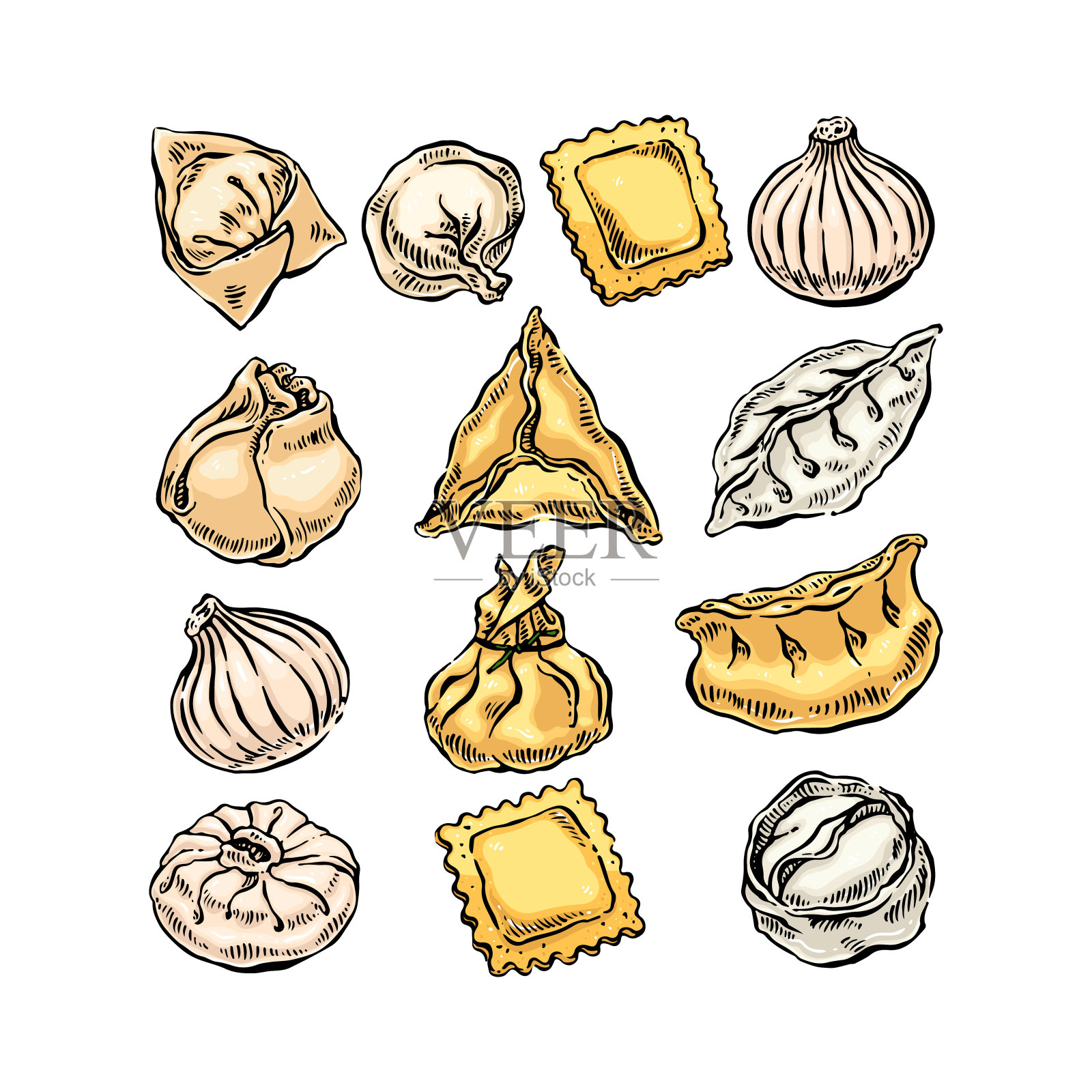 不同的饺子套装插画图片素材