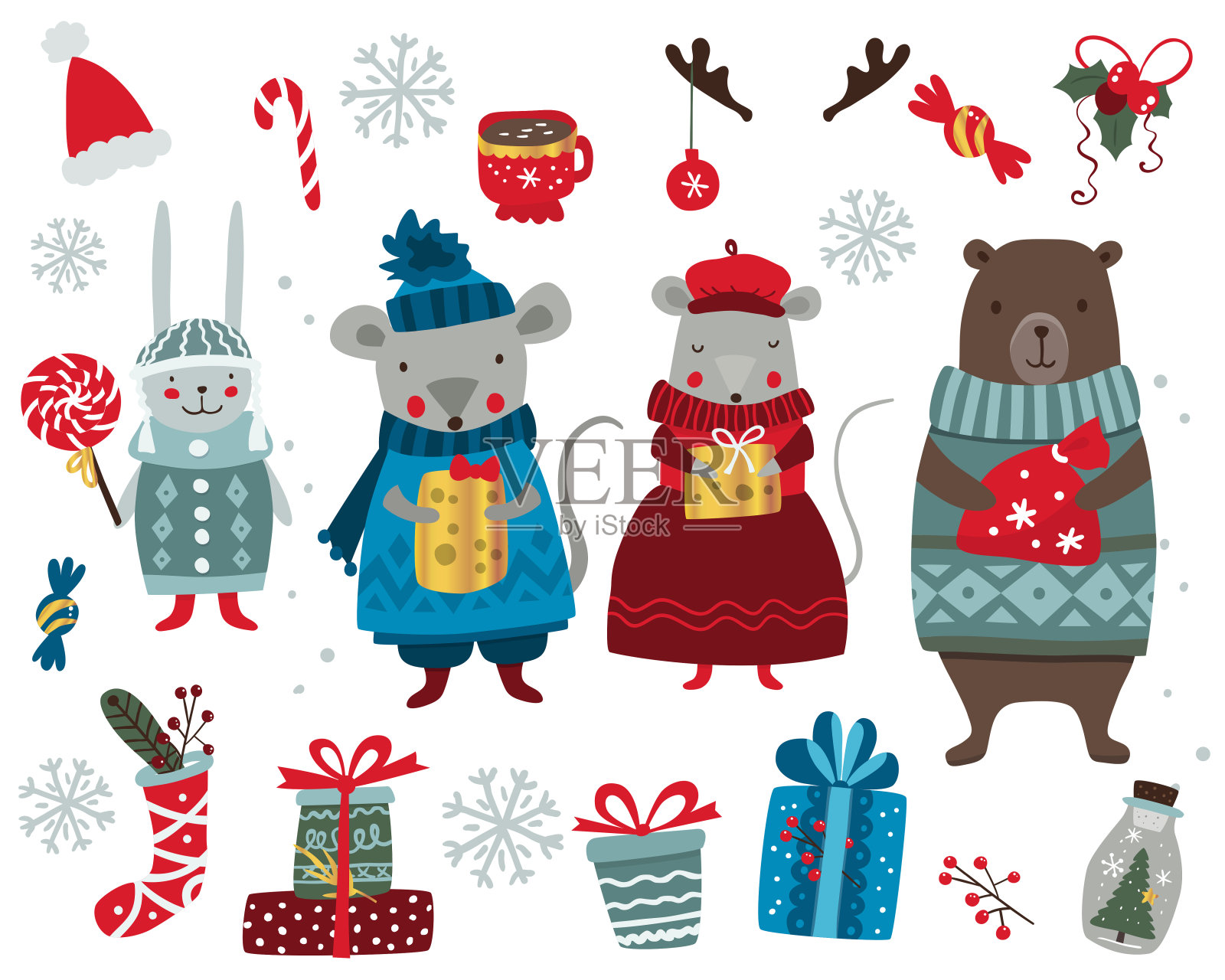 圣诞装老鼠，熊，兔子和装饰品。矢量图插画图片素材