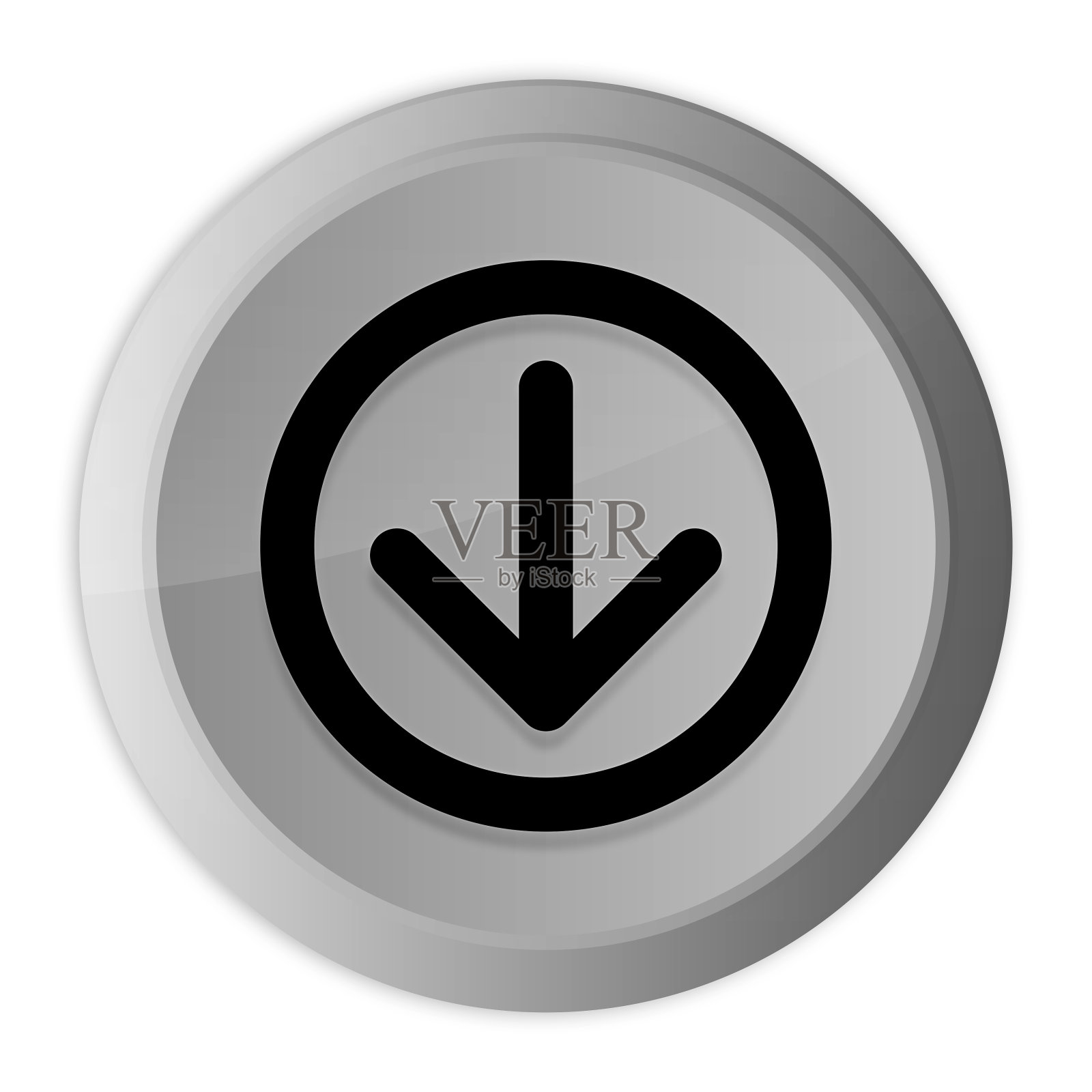 向下箭头图标金属银色圆形按钮金属设计圈孤立在白色背景黑白概念插图设计元素图片