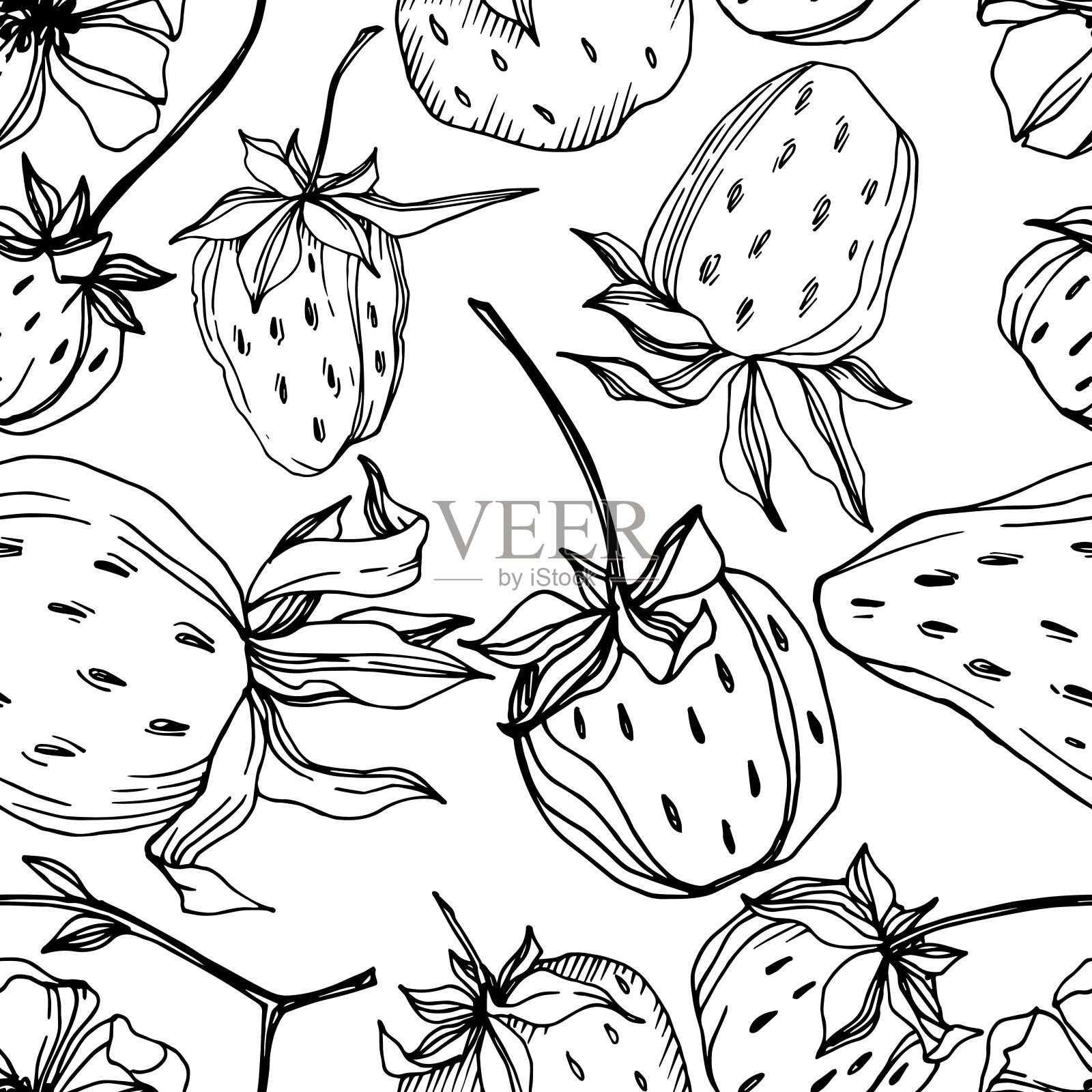 载体草莓新鲜浆果健康食品。黑白篆刻水墨艺术。无缝的背景图案。插画图片素材