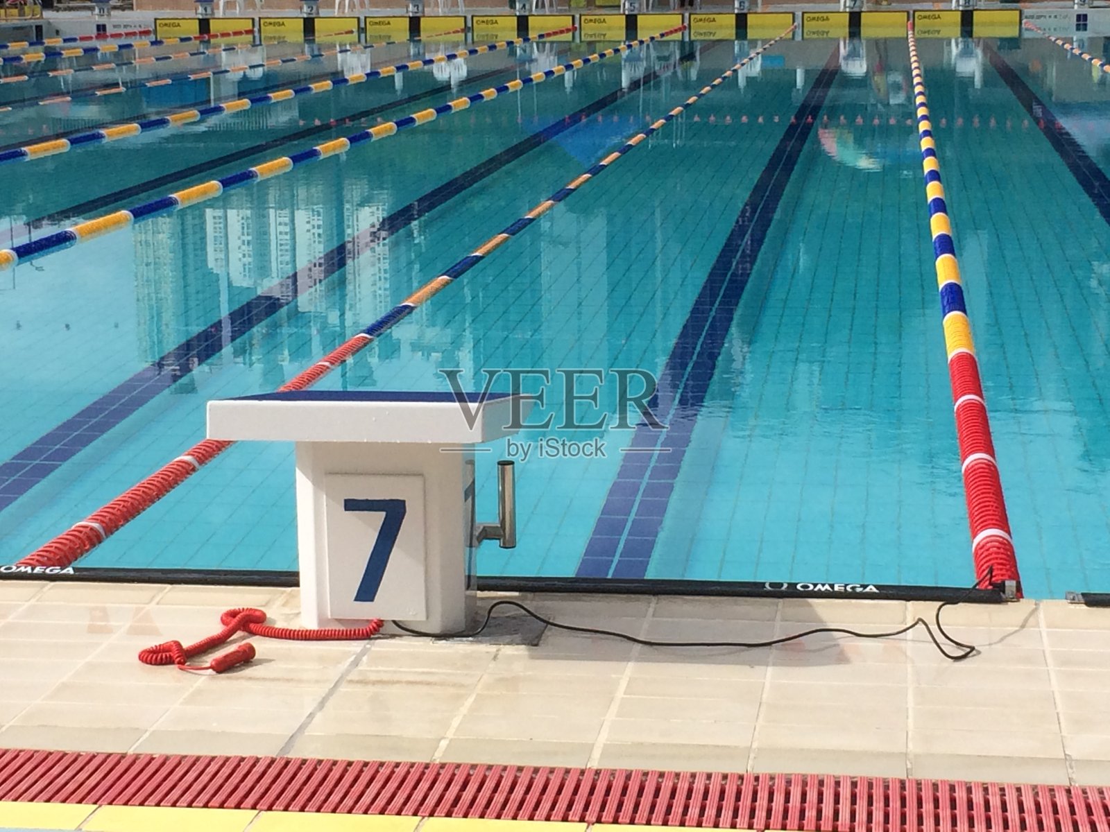 游泳池设有泳道、泳线和跳台照片摄影图片