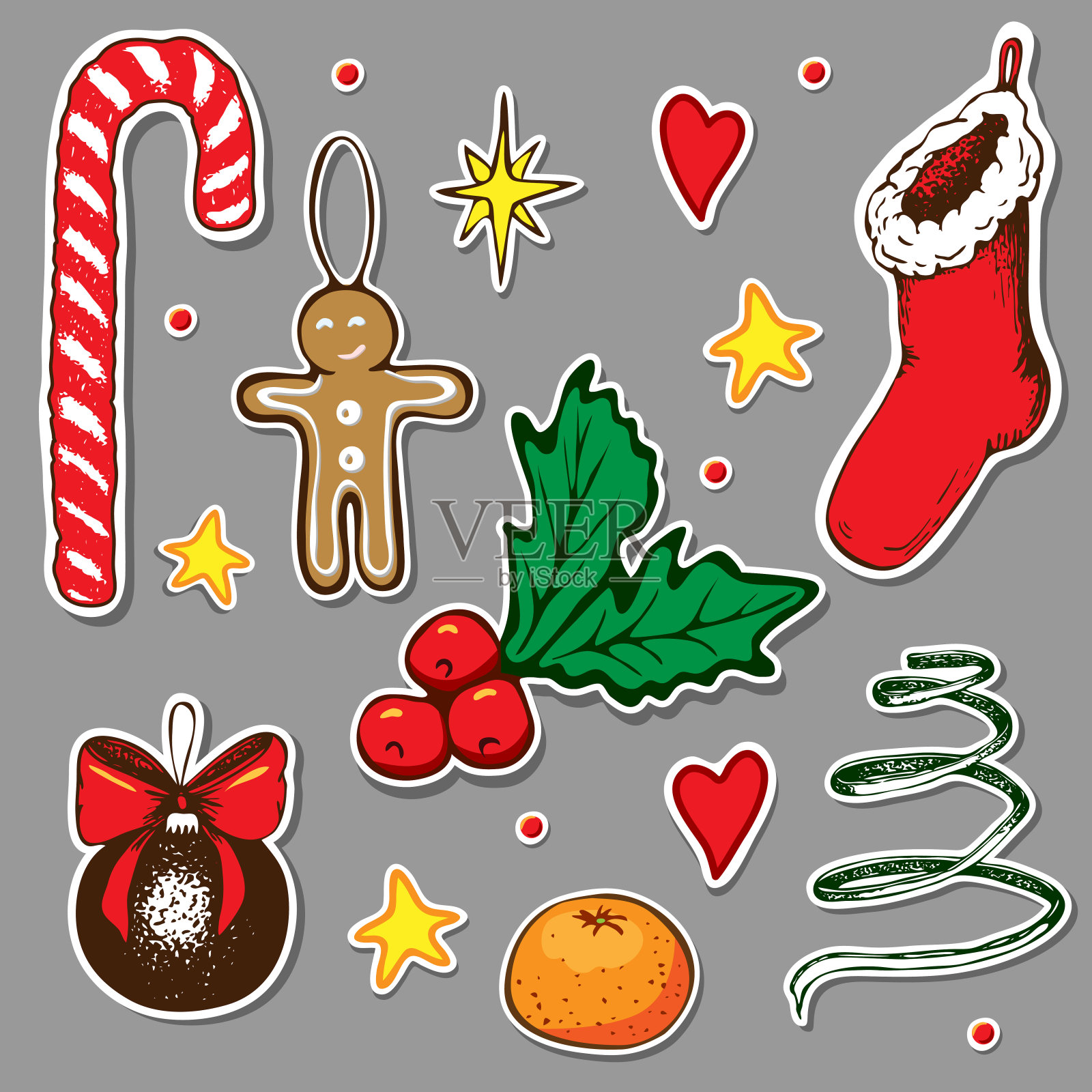 复古手绘圣诞贴纸收藏。矢量插图。圣诞涂鸦贴纸套装。新年标志孤立。冬季装饰元素非常适合假日装饰。照相亭和道具。插画图片素材