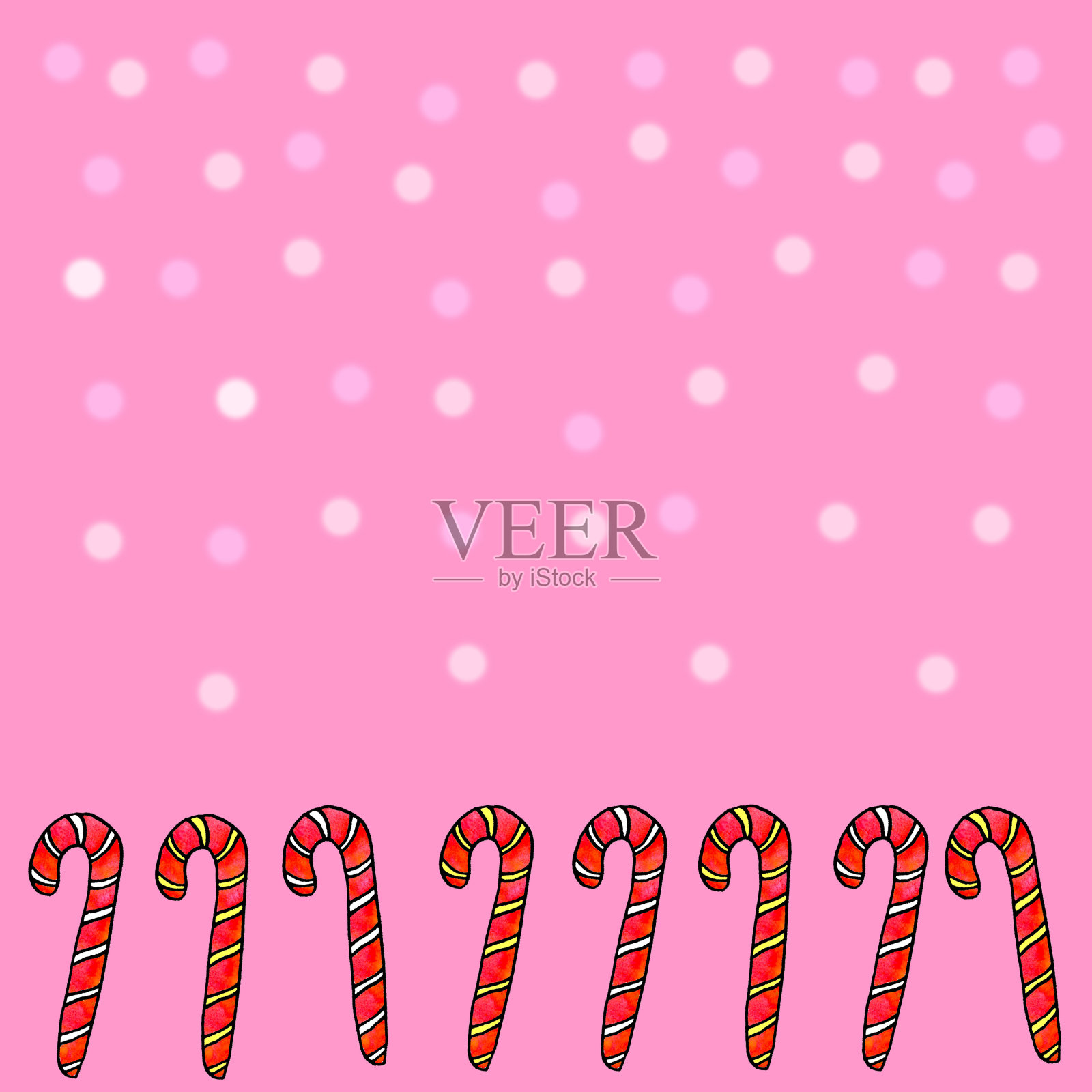 无缝图案与糖果甘蔗排在底部边缘。新年、圣诞节、假日背景。适用于贺卡、包装纸、包装、纺织品、织物、印刷品等插画图片素材