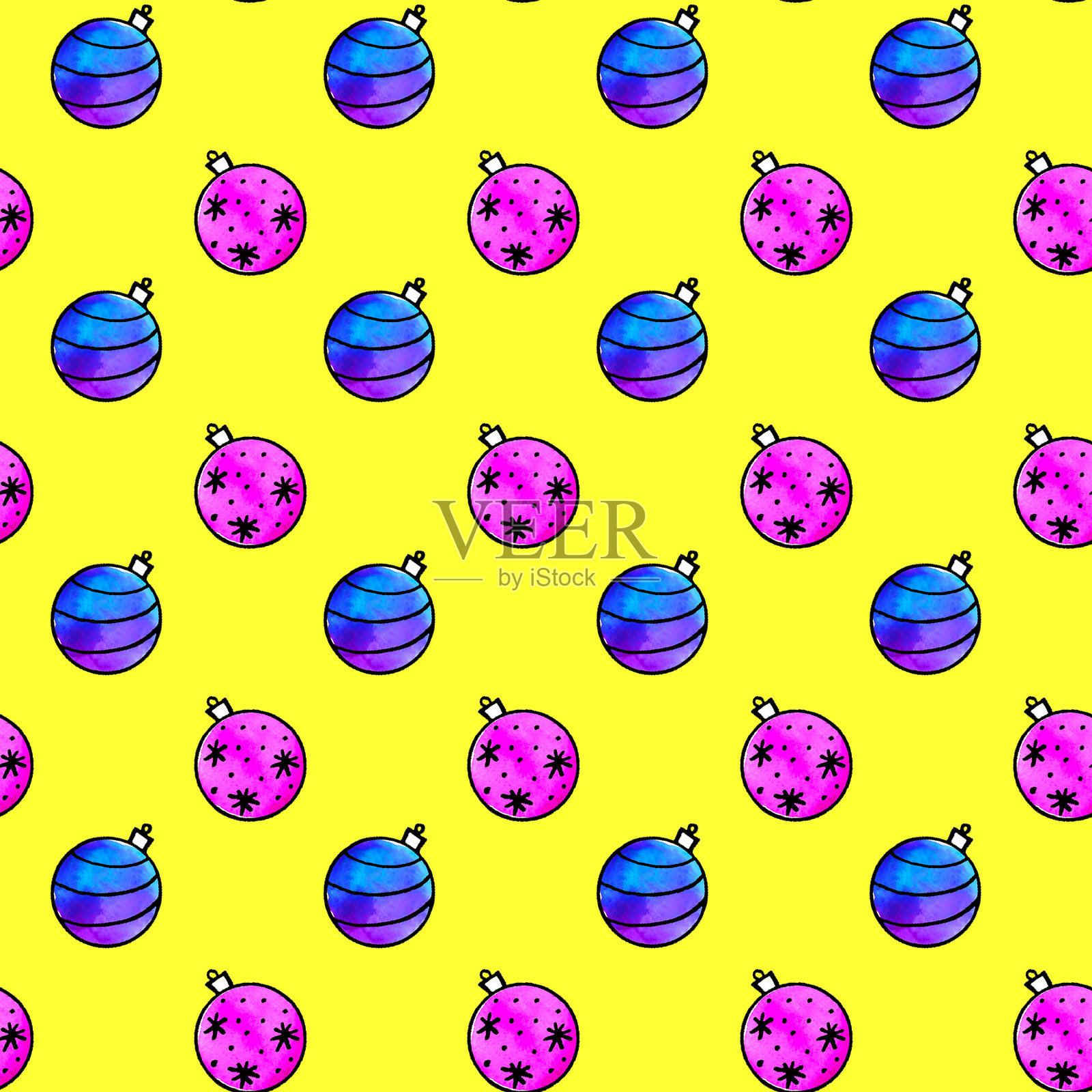 无缝模式与水彩圣诞树球。新年圣诞背景纹理。手绘。用于贺卡，包装纸，包装，织物，日历，印刷品插画图片素材