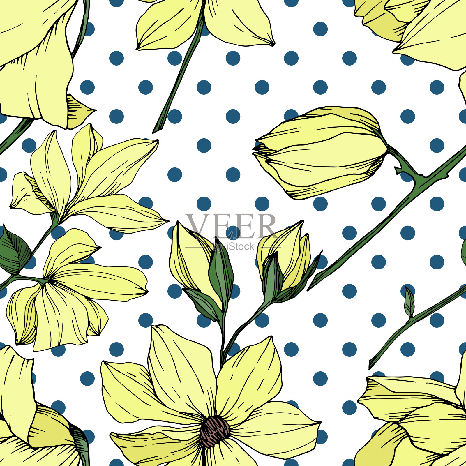 玉兰花载体植物花。黑白篆刻水墨艺术。无缝的背景图案。插画图片素材