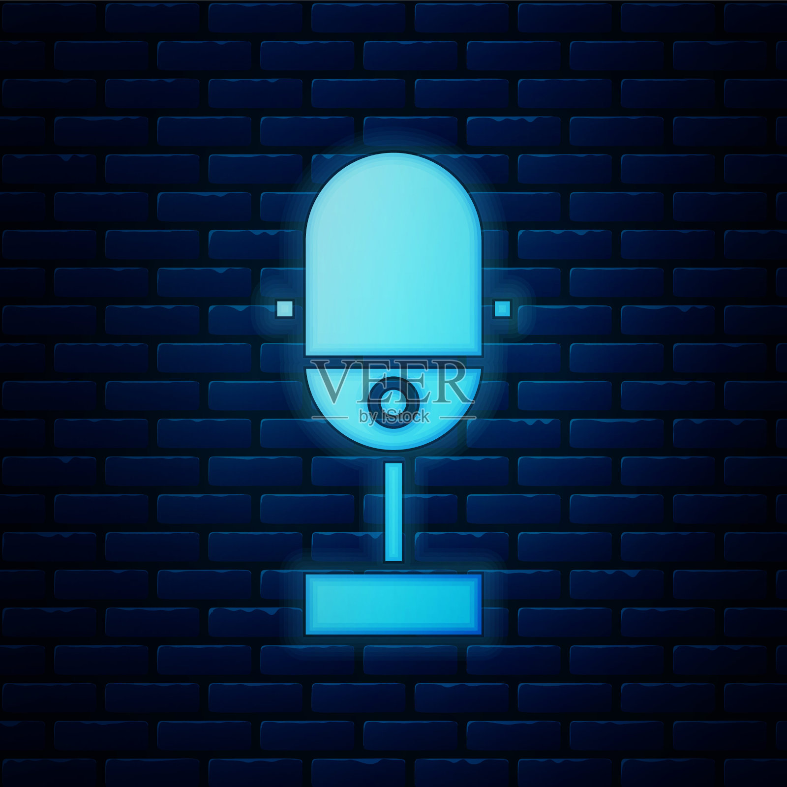 霓虹灯麦克风图标孤立在砖墙背景上。在空中无线电麦克风麦克风。演讲者的迹象。矢量图设计元素图片