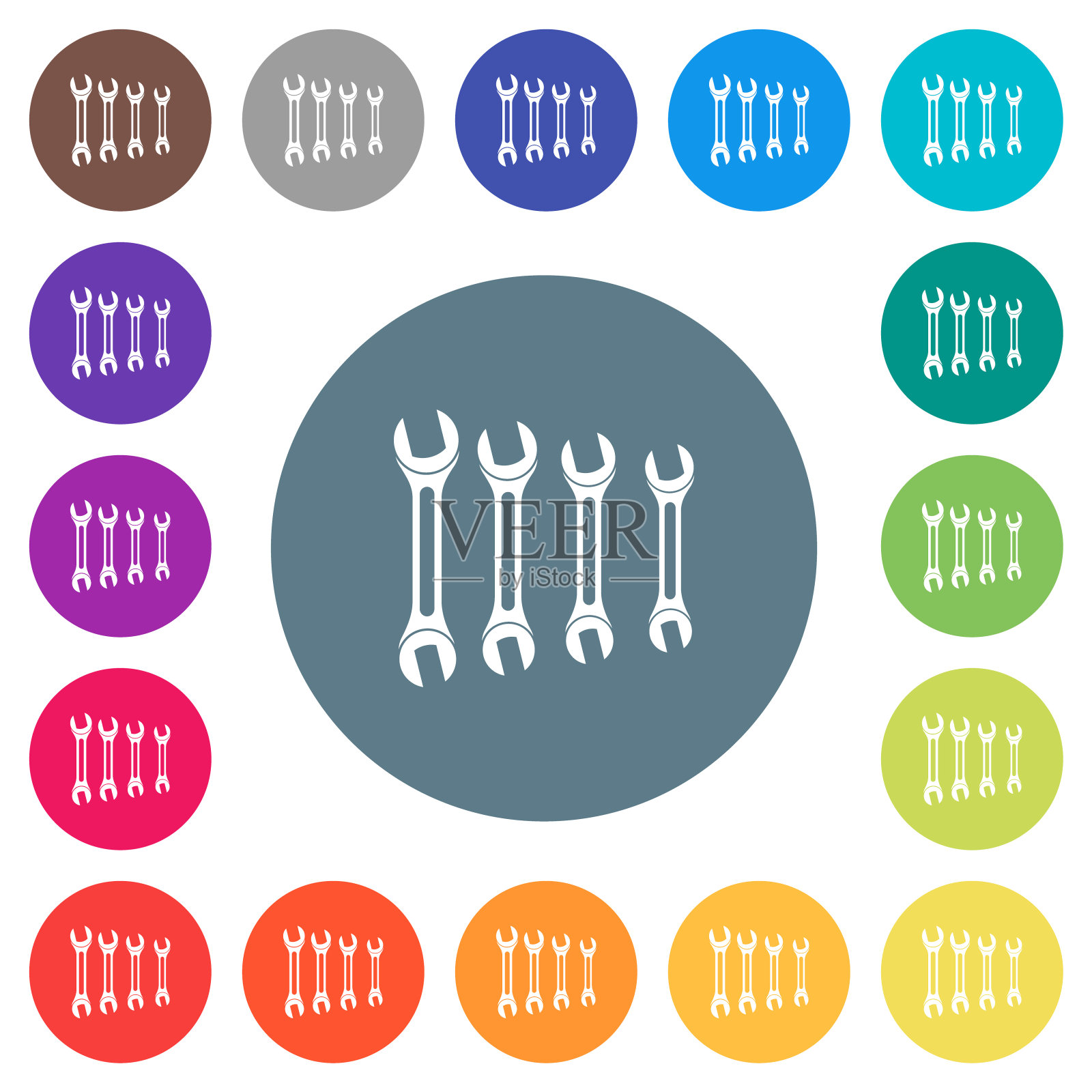 一套扳手平白色图标在圆形的颜色背景图标素材
