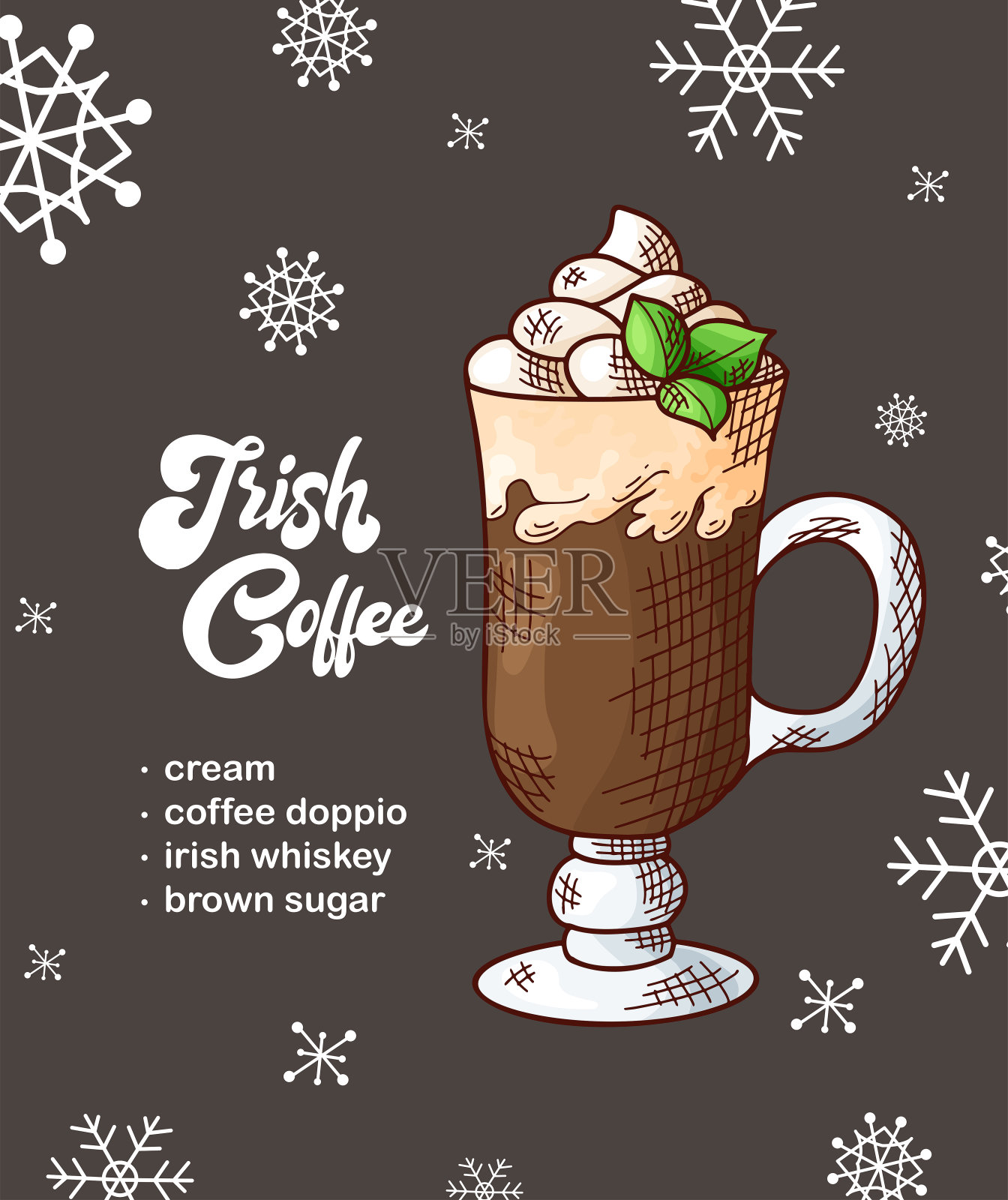 新年饮品食谱。带有手绘元素和雪旗的卡片。矢量插图菜单，咖啡馆，餐厅与字母插画图片素材