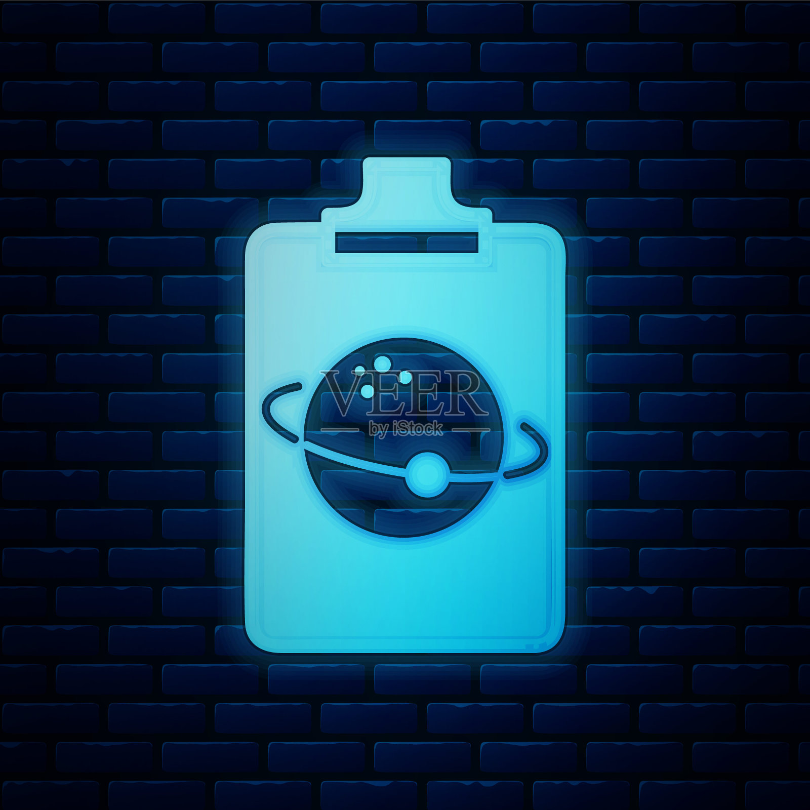 发光的霓虹灯星球图标孤立在砖墙的背景上。矢量图插画图片素材