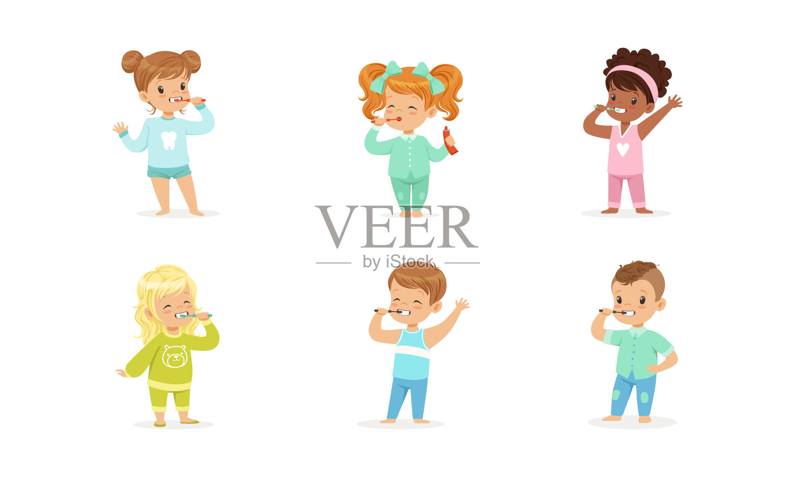 小男孩和女孩刷牙矢量插图插画图片素材
