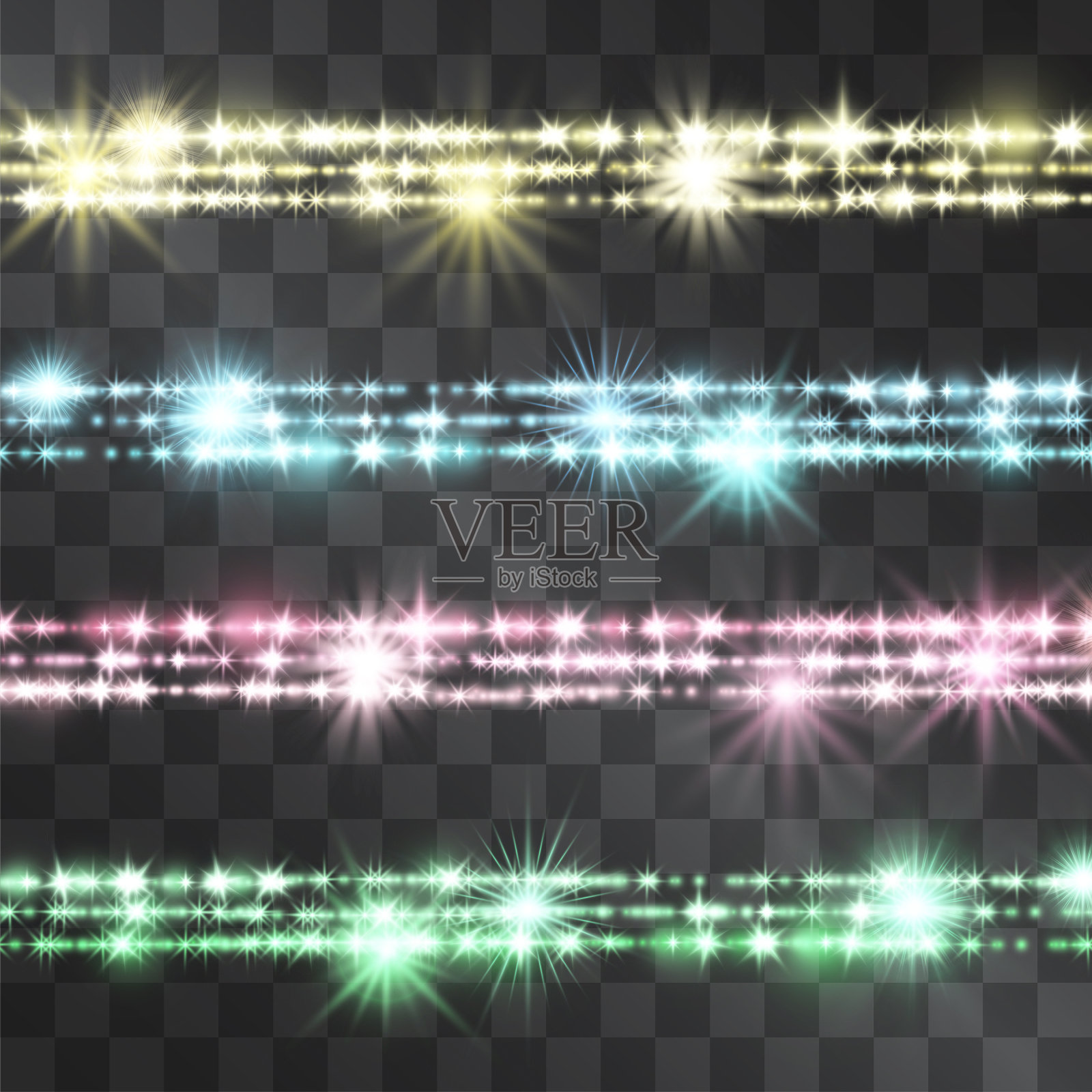 闪亮的闪光带边界上的彩色闪光透明的背景。发光的装饰矢量条纹横幅，海报。节日魔法首饰线，水平花环。插画图片素材