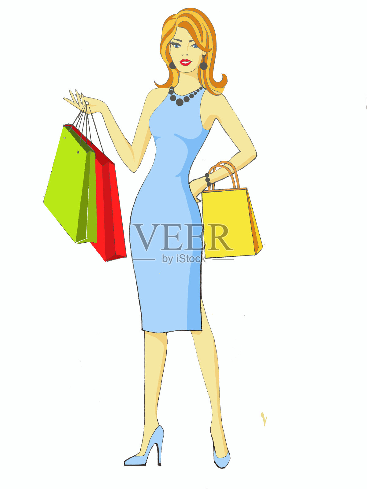 购物的女孩。姜黄色头发的女孩穿着蓝色的衣服拿着购物袋。手绘。插画图片素材