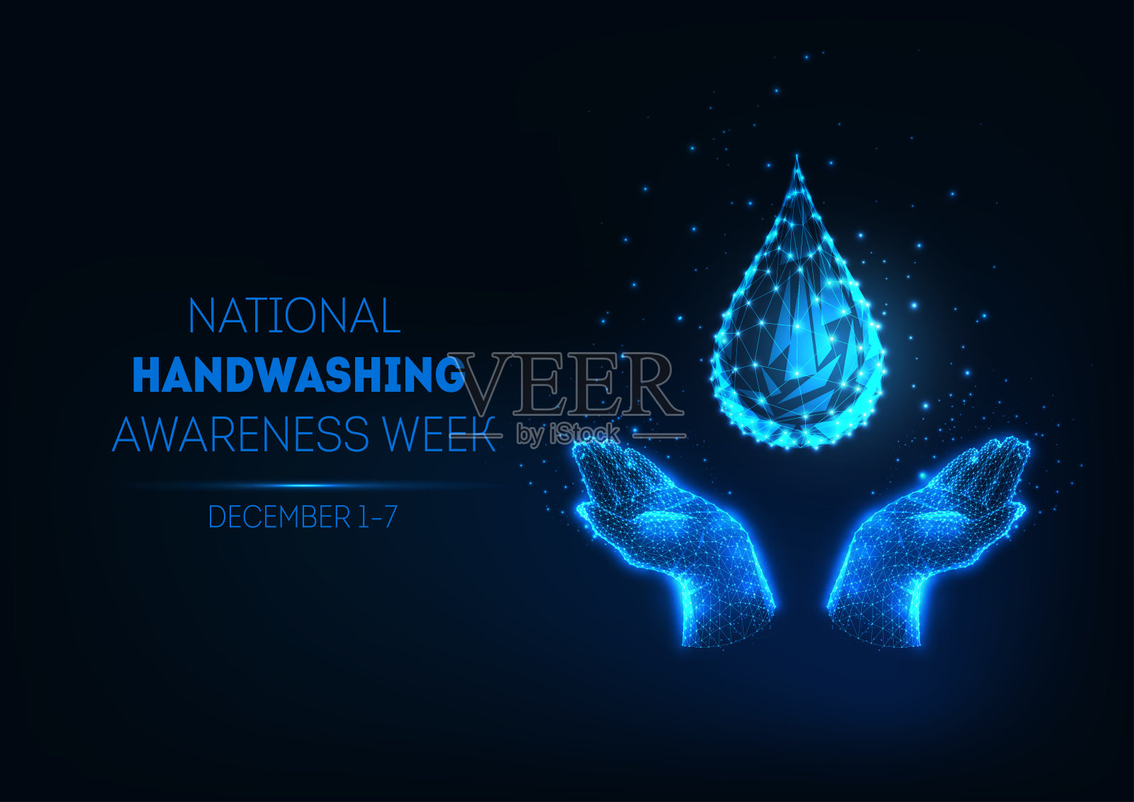 未来的国家洗手周横幅，上面有发光的低多边形水滴和人的手。插画图片素材