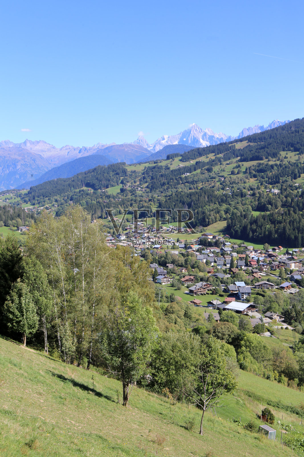 Megève和勃朗峰的观点。监狱山的景色。萨瓦省。法国。照片摄影图片