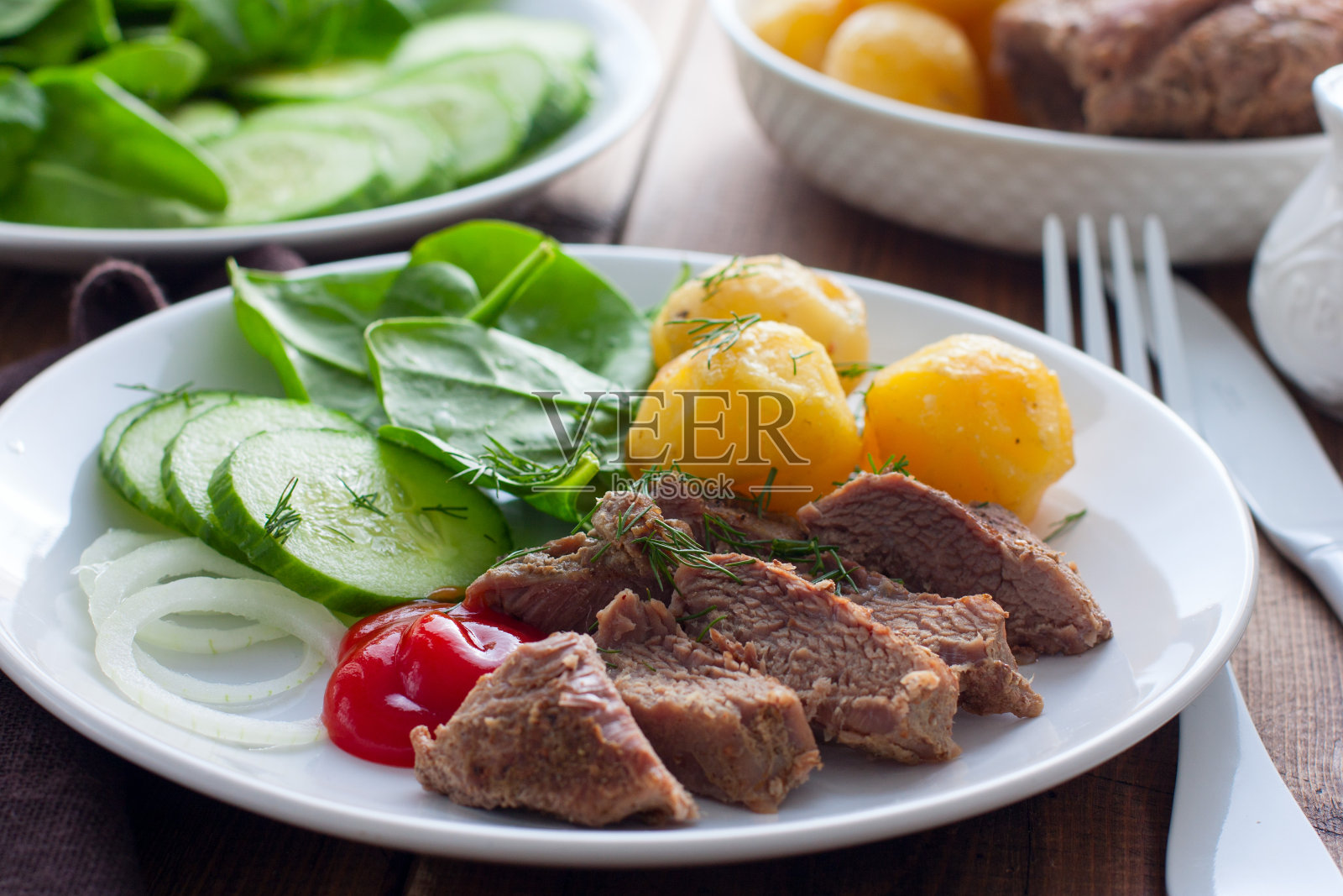 晚餐选择烤火鸡肉和蔬菜，选择性的专注照片摄影图片