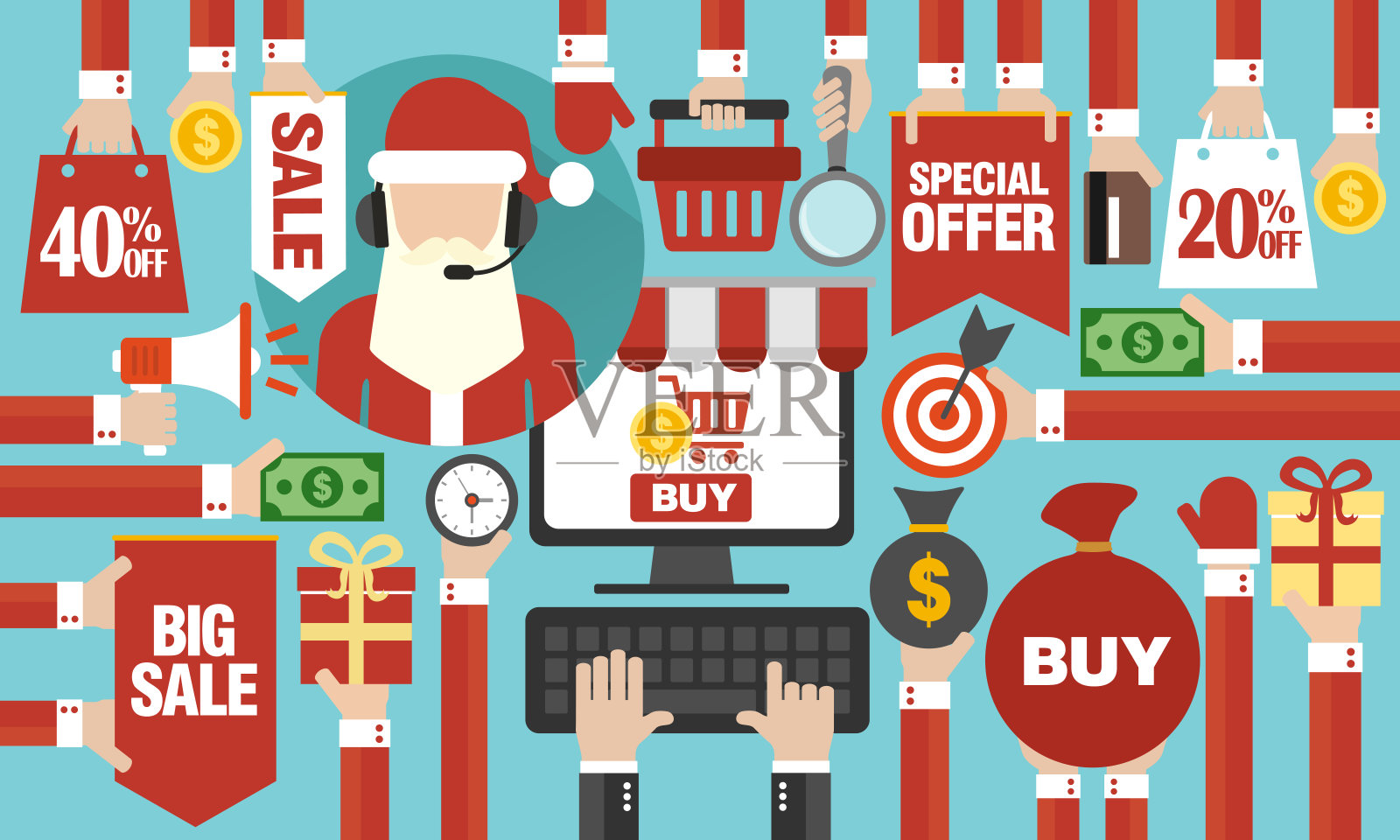 网上购物概念设计圣诞销售公寓，配有电脑和网上圣诞老人插画图片素材