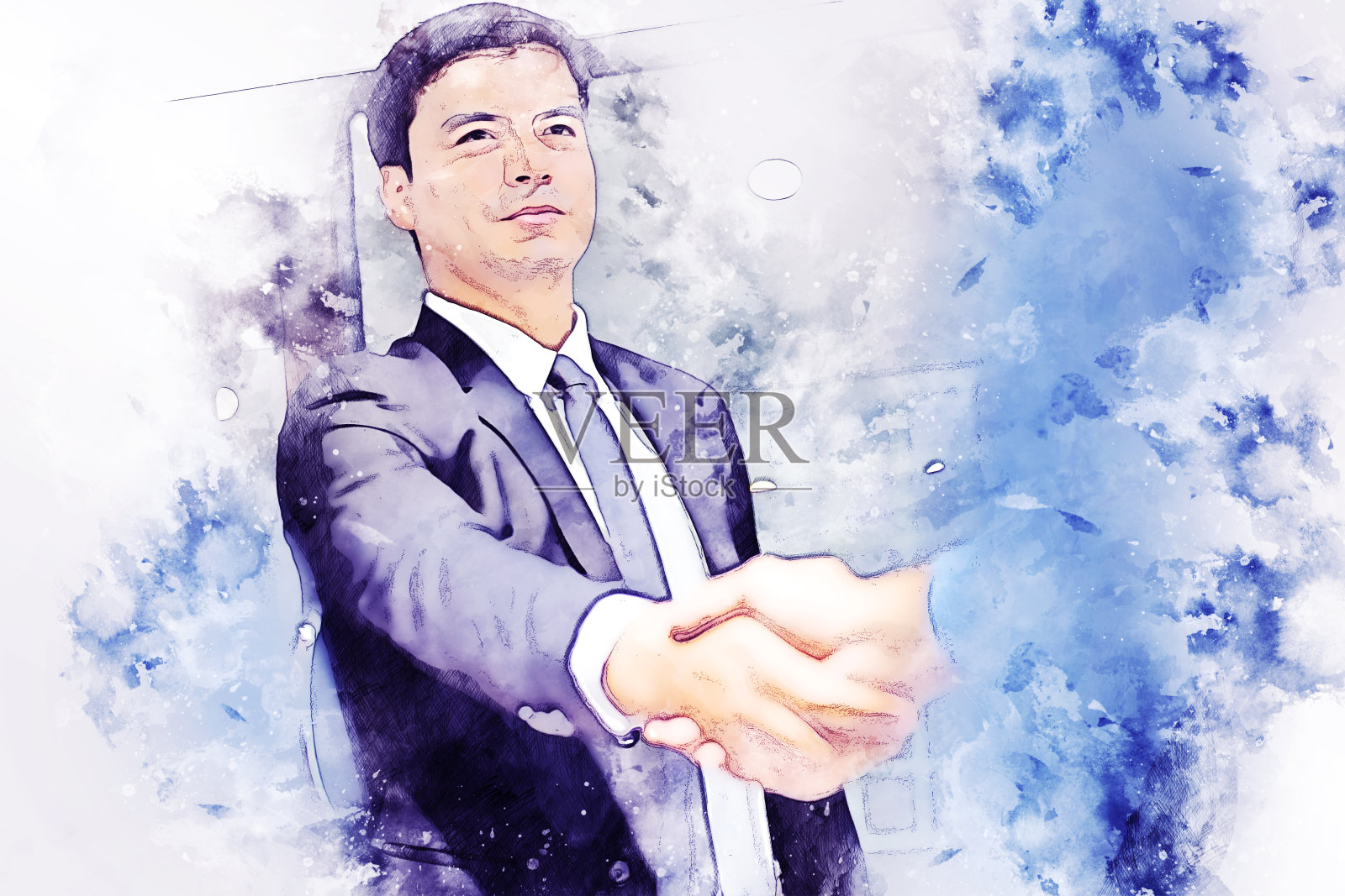 抽象彩色握手业务合作伙伴协议成功的水彩插画背景画。插画图片素材