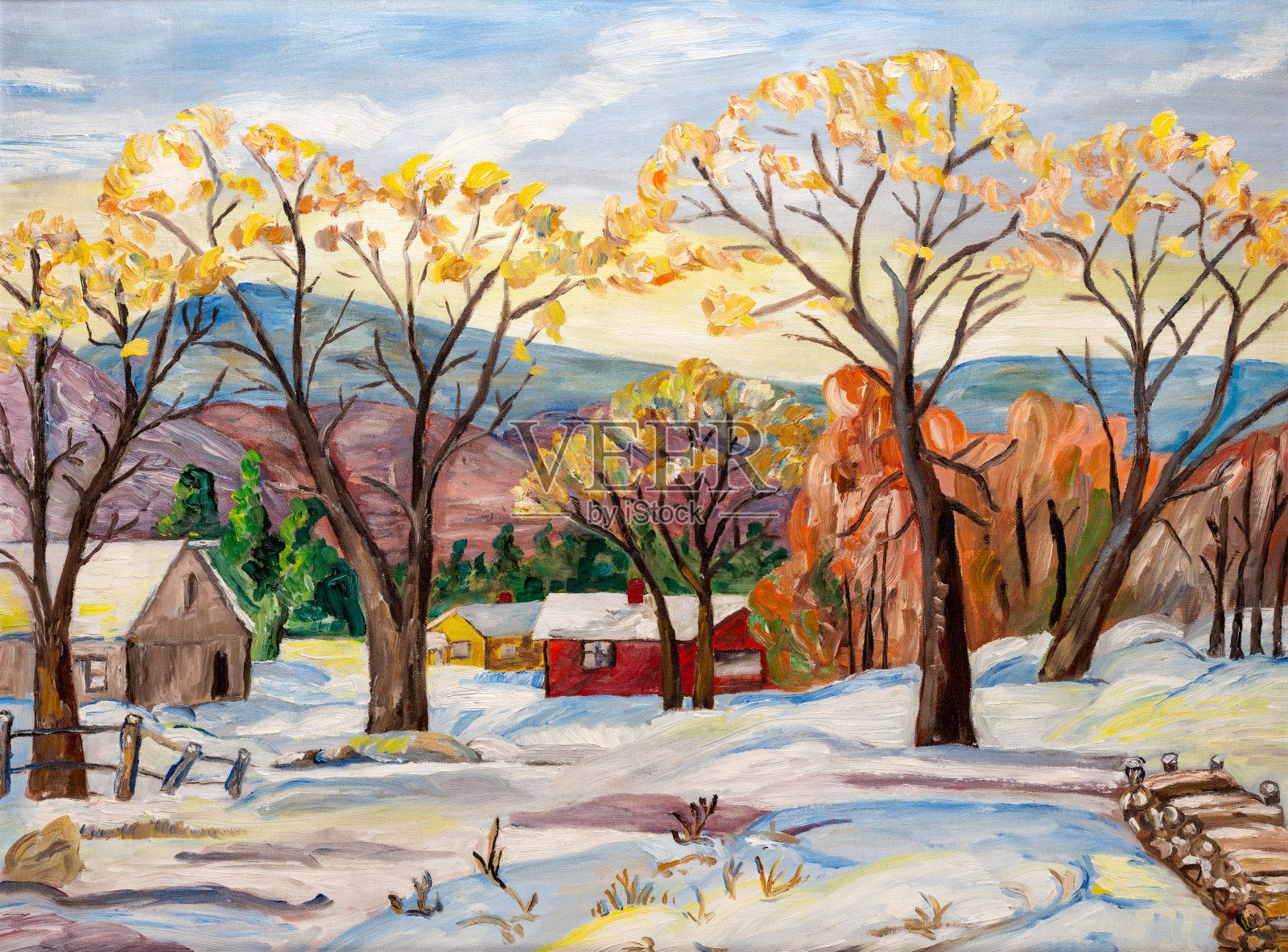 冬季油画中的乡村风景插画图片素材