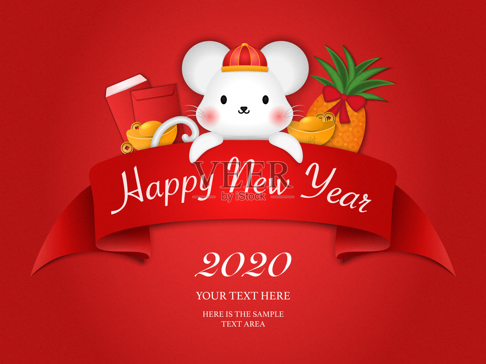 2020快乐春节卡通可爱老鼠丝带模板和菠萝金元宝硬币红包。插画图片素材