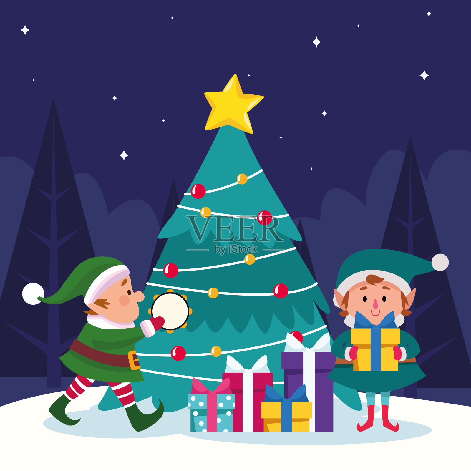 圣诞老人帮手与礼物盒和圣诞树插画图片素材