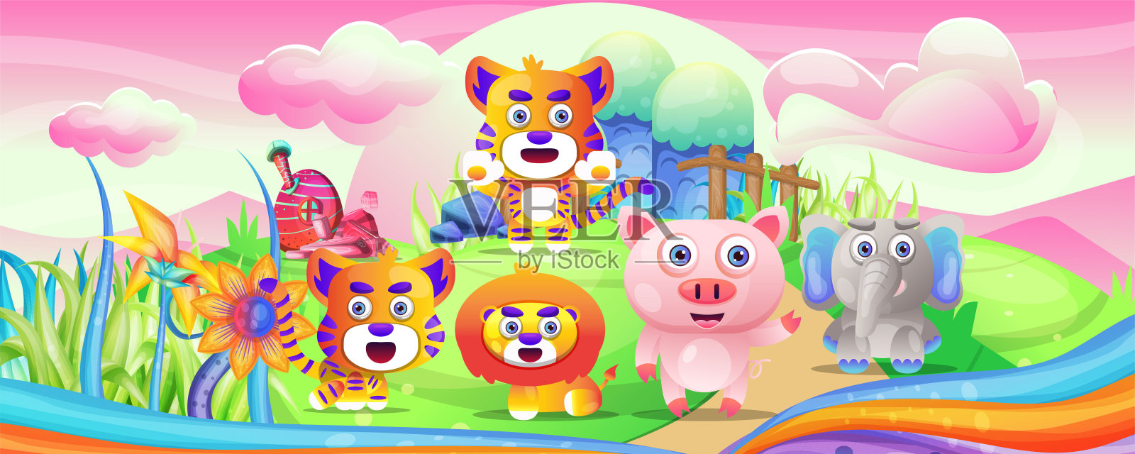 卡通野生动物在幻想的土地-向量插画图片素材