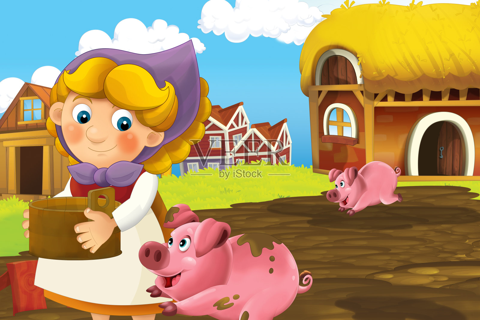 快乐农场妇女工作卡通场景插画图片素材